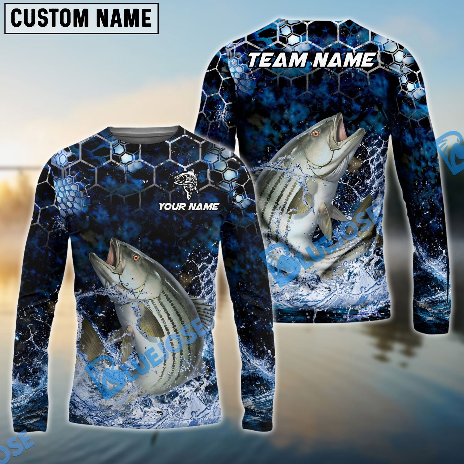 Bluejose Fishing Dark Navy Hexagon Water Splash Pattern Custom Name & Team Name 3D Shirts (12 Breeds)