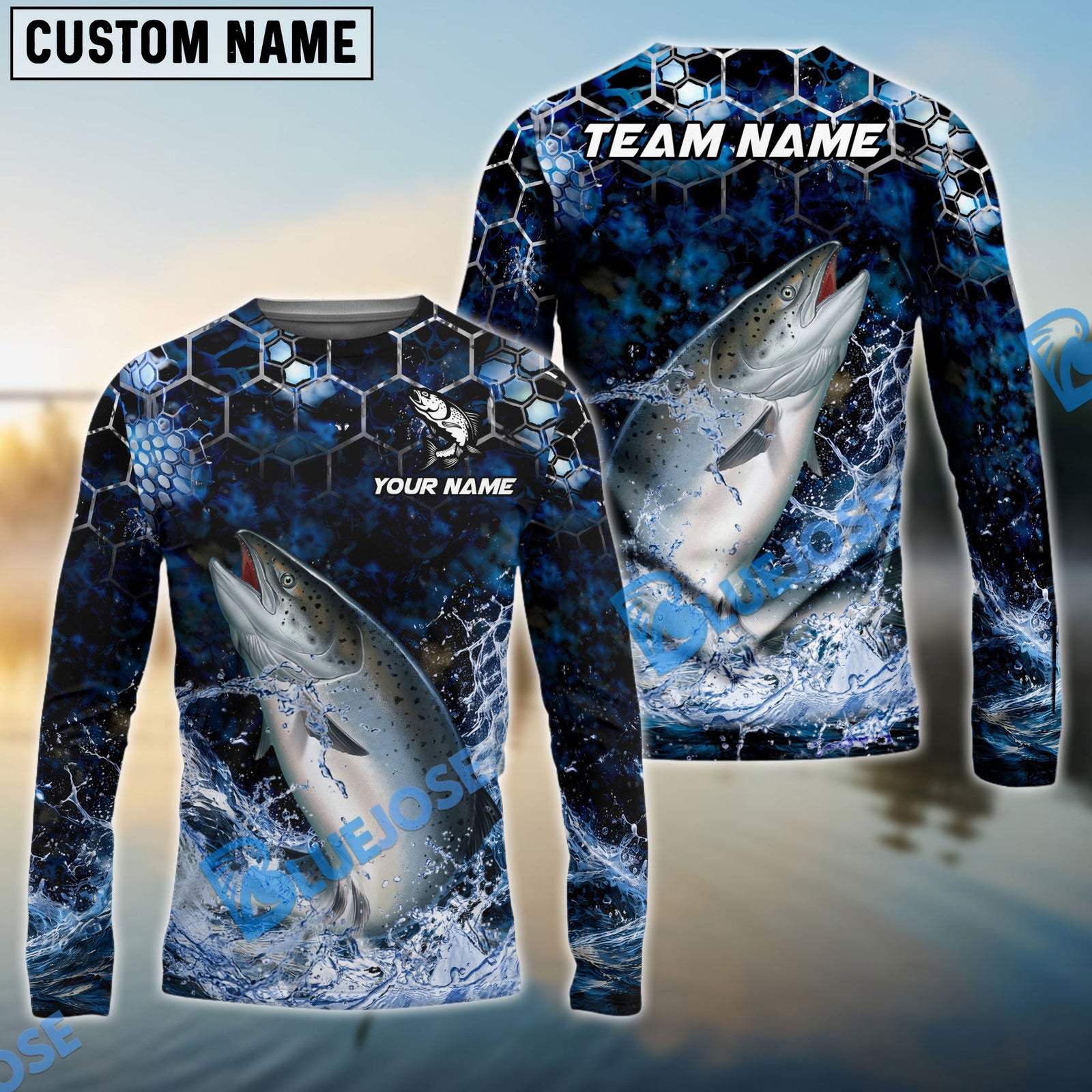 Bluejose Fishing Dark Navy Hexagon Water Splash Pattern Custom Name & Team Name 3D Shirts (12 Breeds)