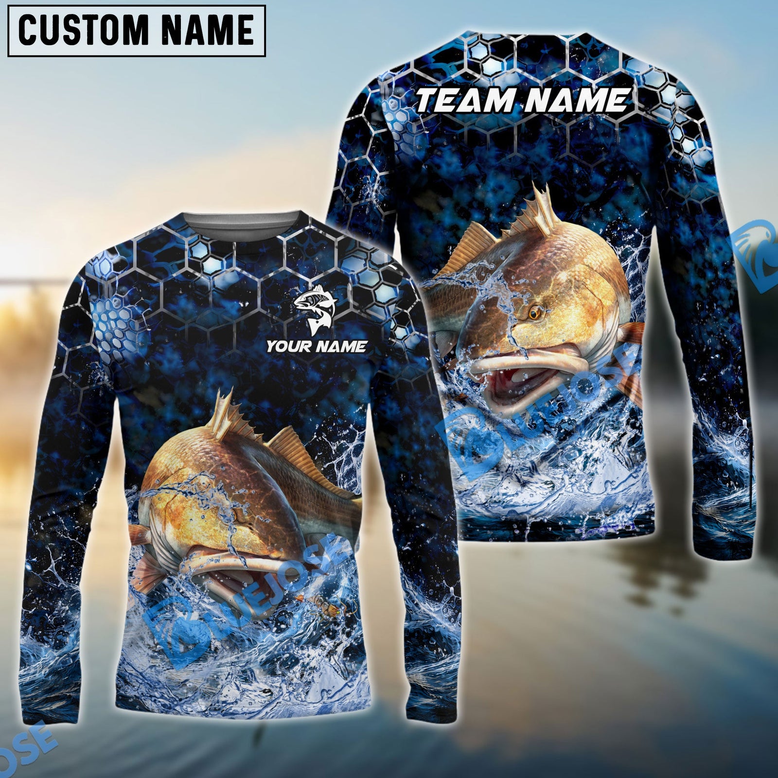Bluejose Fishing Dark Navy Hexagon Water Splash Pattern Custom Name & Team Name 3D Shirts (12 Breeds)