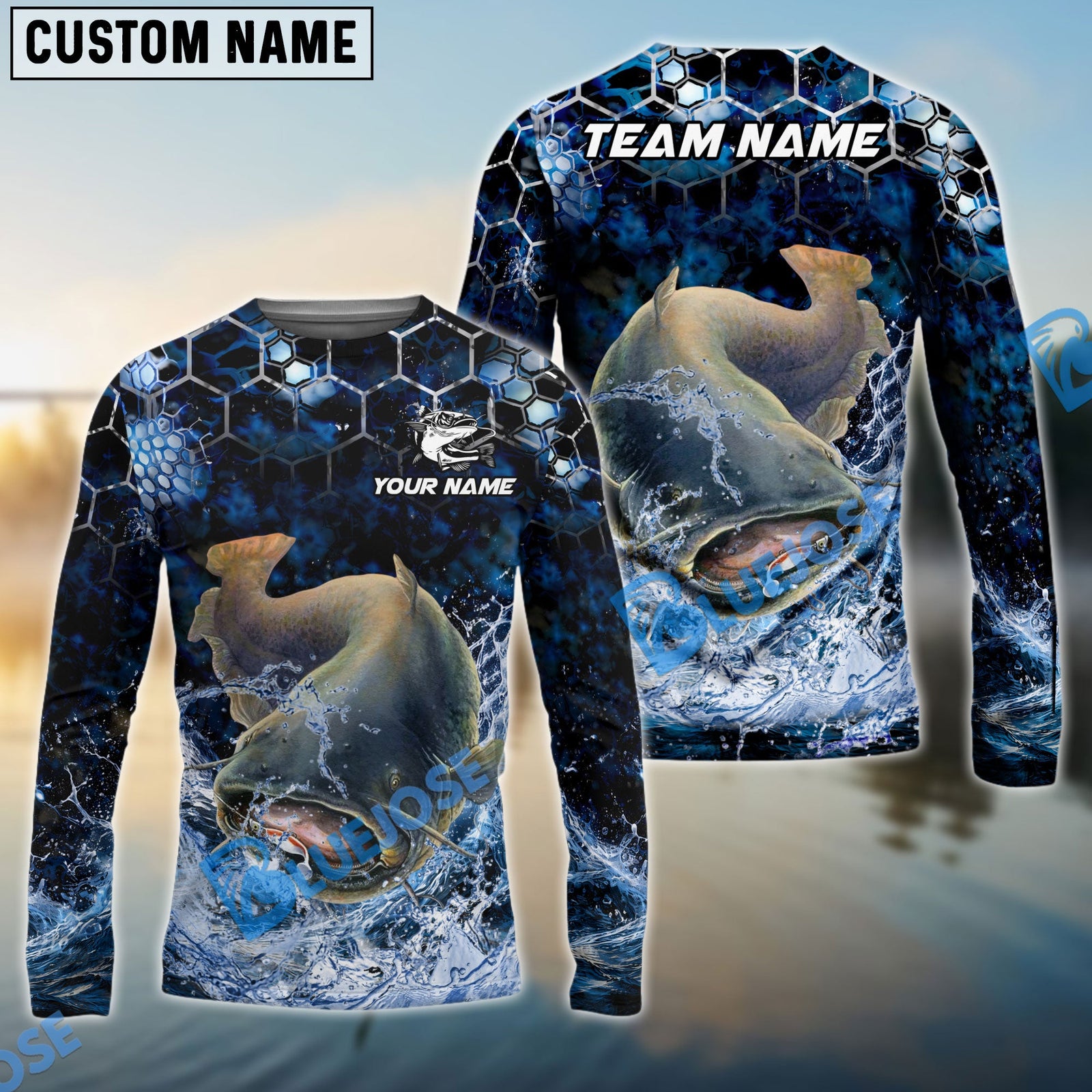 Bluejose Fishing Dark Navy Hexagon Water Splash Pattern Custom Name & Team Name 3D Shirts (12 Breeds)