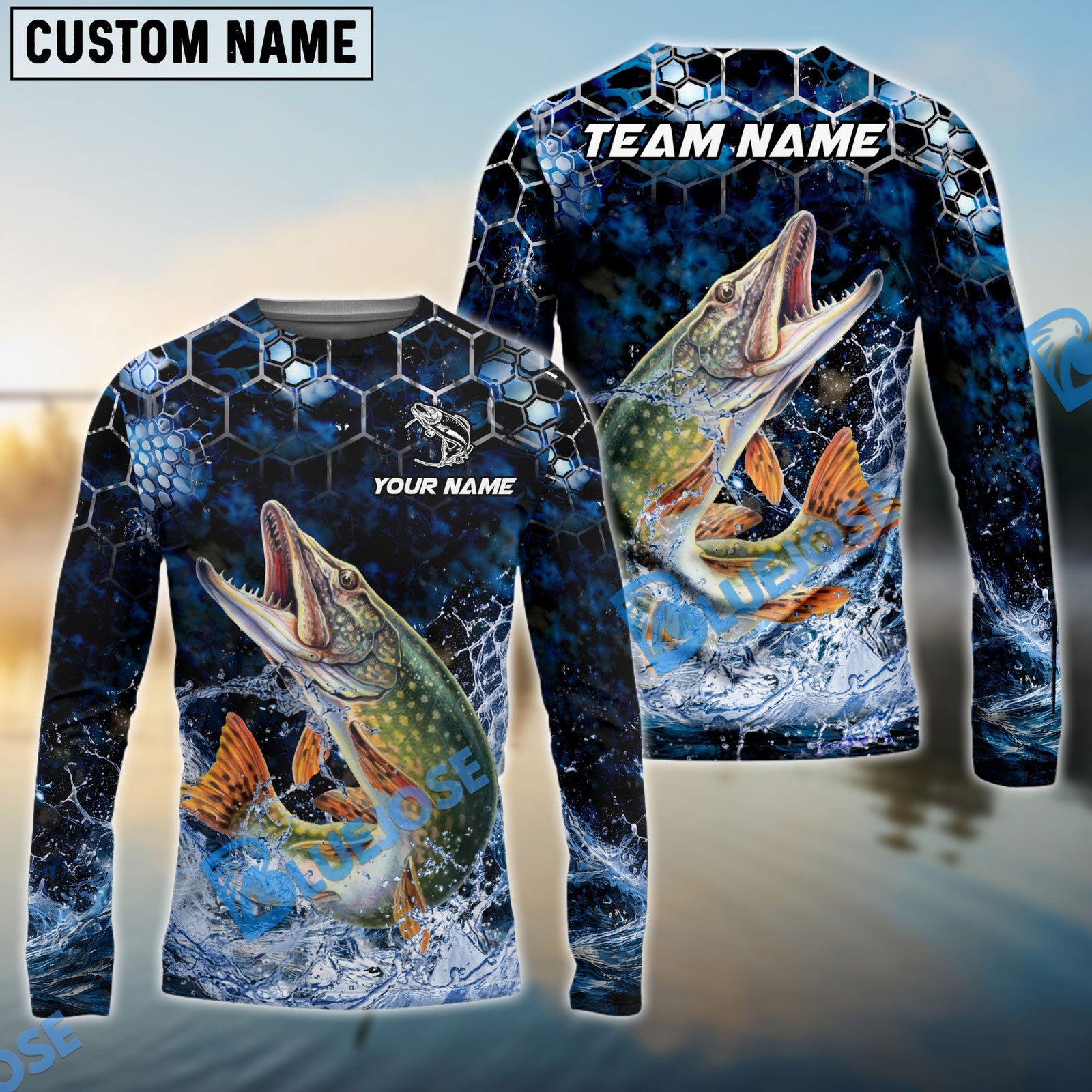Bluejose Fishing Dark Navy Hexagon Water Splash Pattern Custom Name & Team Name 3D Shirts (12 Breeds)