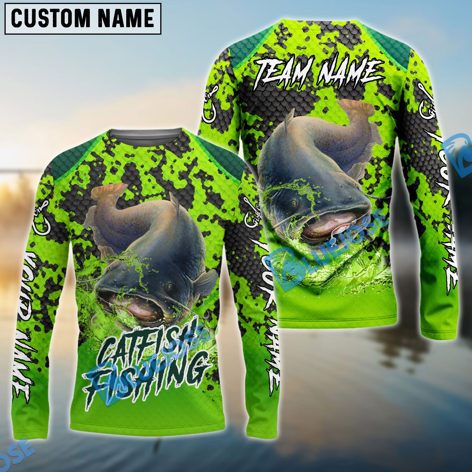 Bluejose Fishing Light Green Camo Scale Custom Name & Team Name 3D Shirts (12 Breeds)