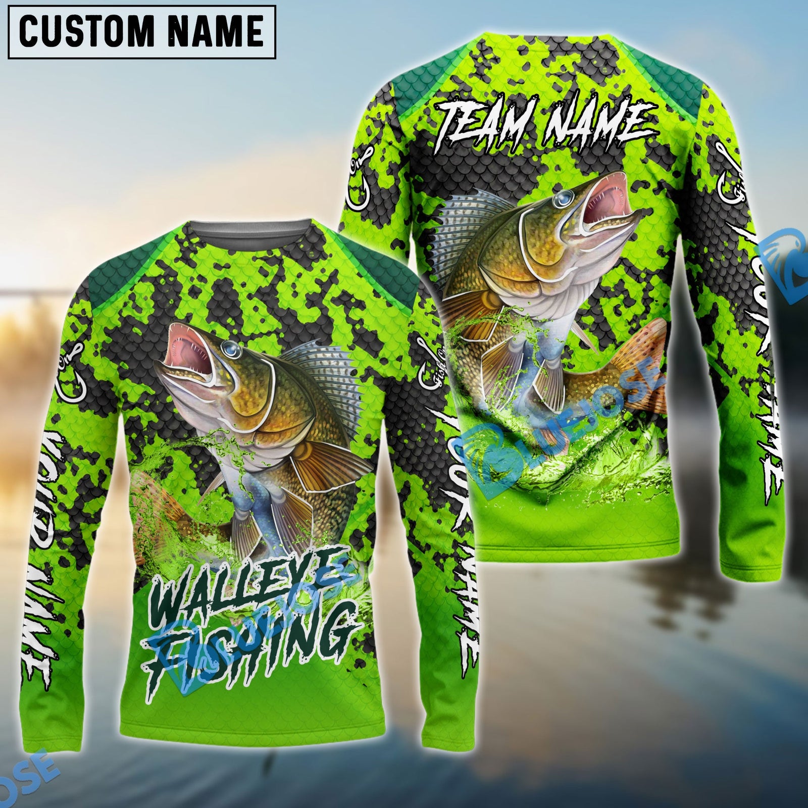 Bluejose Fishing Light Green Camo Scale Custom Name & Team Name 3D Shirts (12 Breeds)