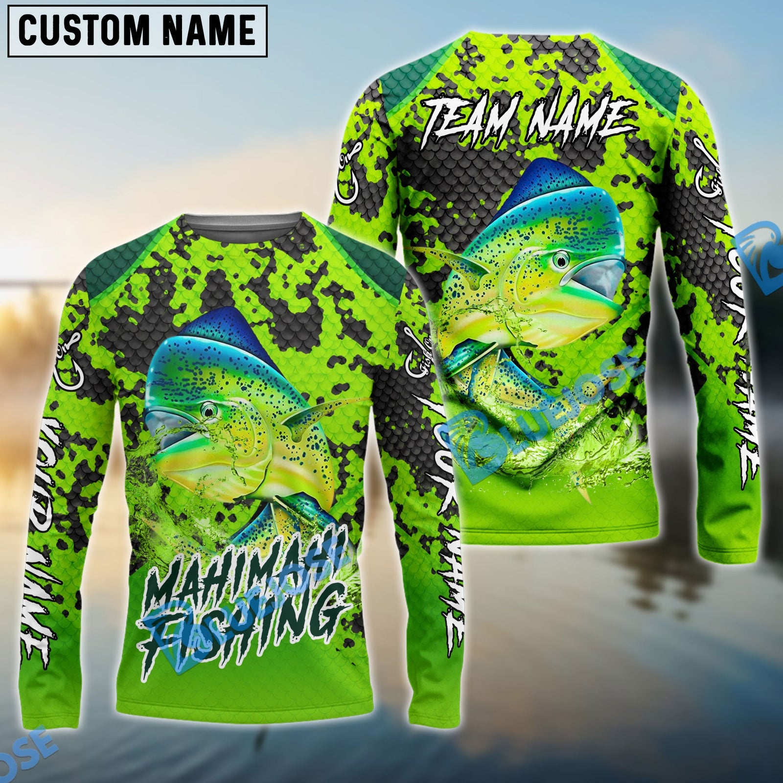 Bluejose Fishing Light Green Camo Scale Custom Name & Team Name 3D Shirts (12 Breeds)
