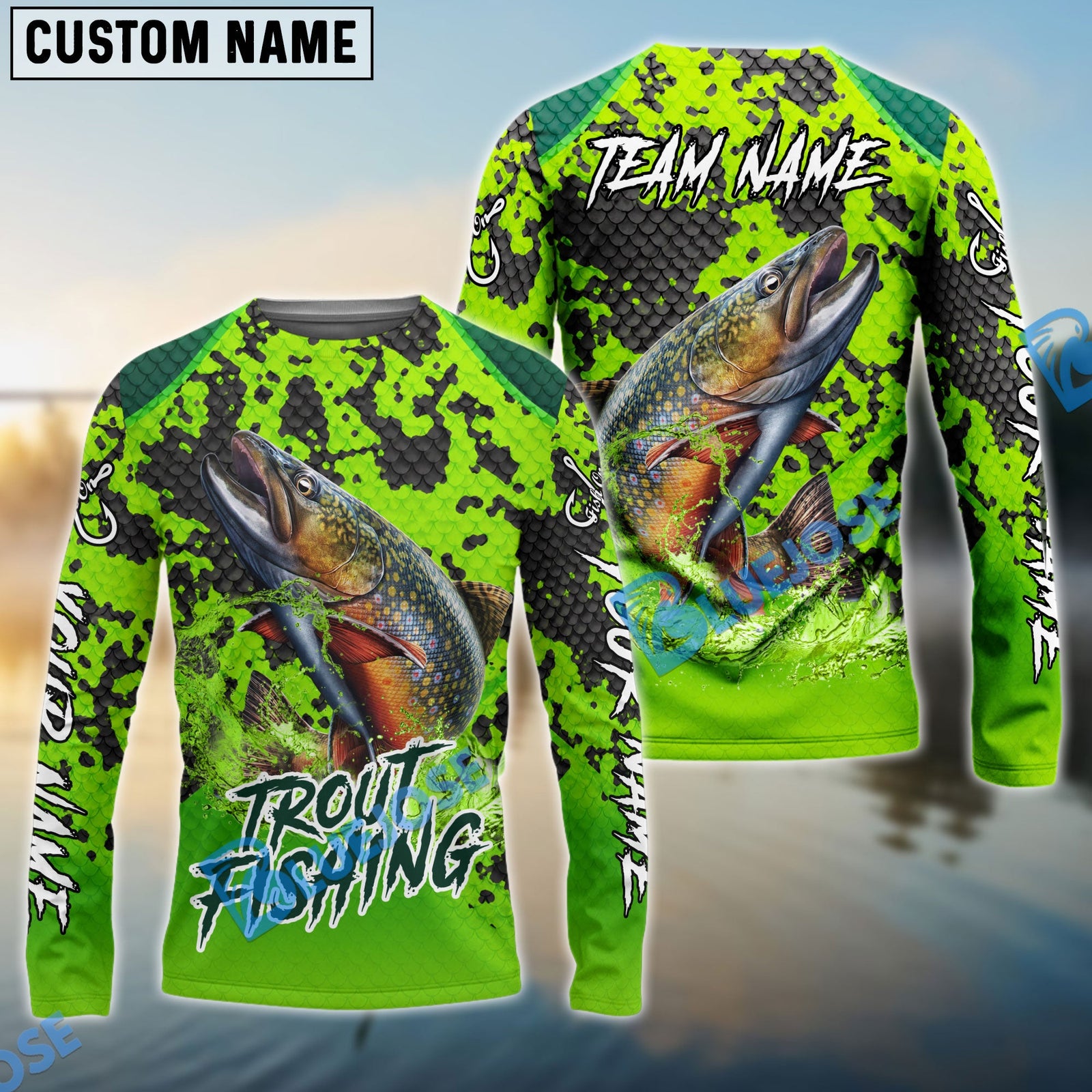 Bluejose Fishing Light Green Camo Scale Custom Name & Team Name 3D Shirts (12 Breeds)