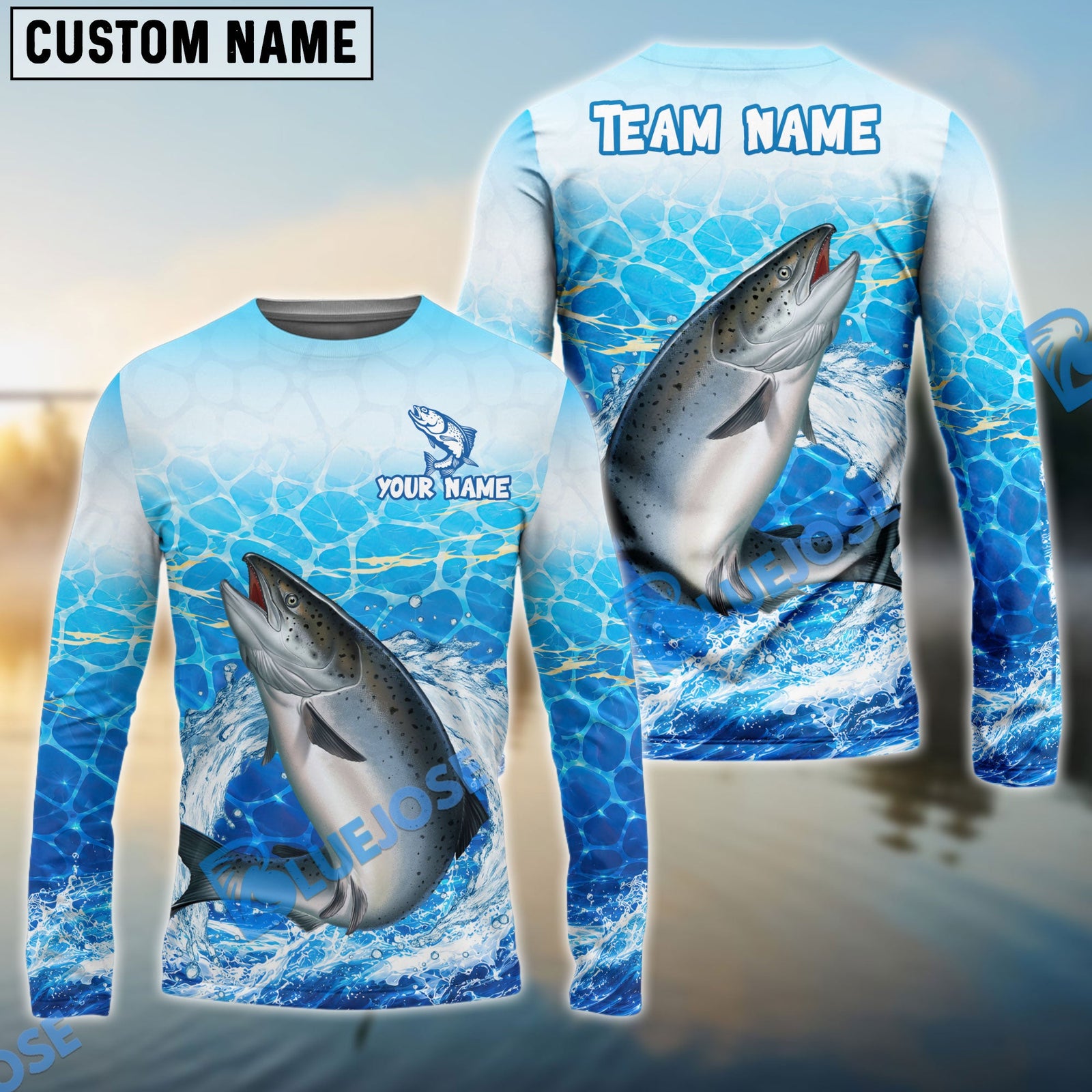 Bluejose Fishing White Blue Ocean Splash Custom Name & Team Name 3D Shirts (12 Breeds)