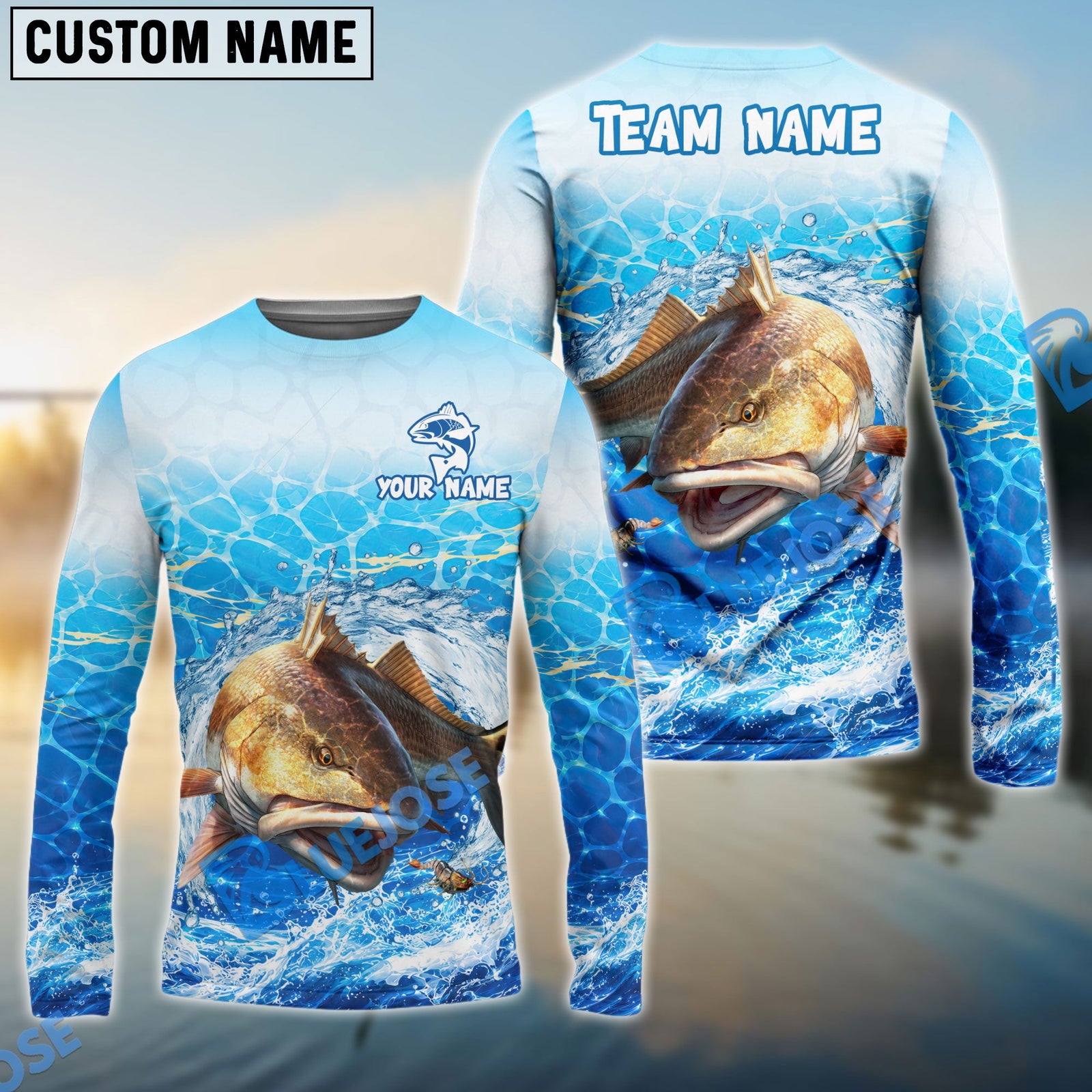 Bluejose Fishing White Blue Ocean Splash Custom Name & Team Name 3D Shirts (12 Breeds)