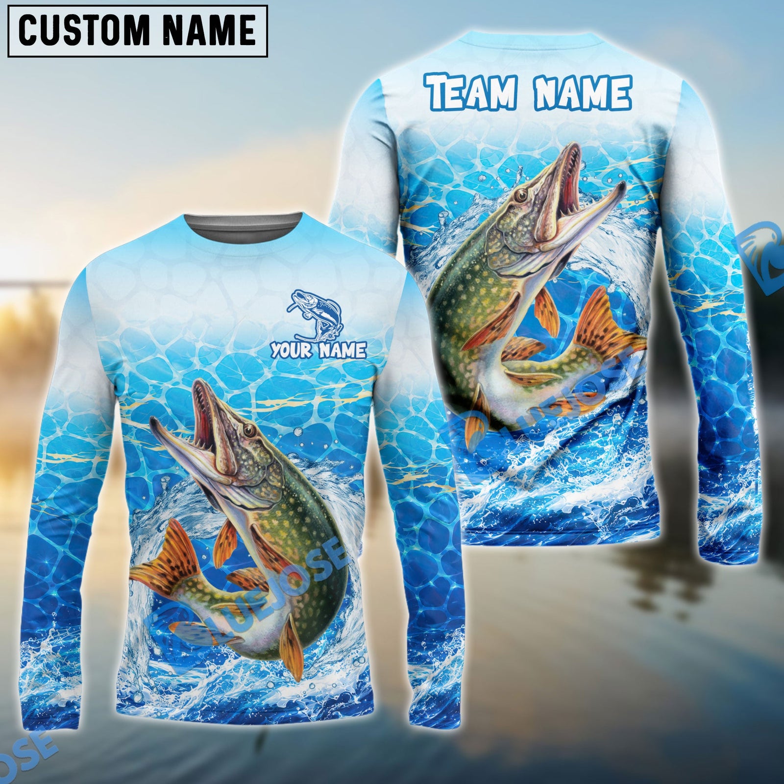 Bluejose Fishing White Blue Ocean Splash Custom Name & Team Name 3D Shirts (12 Breeds)