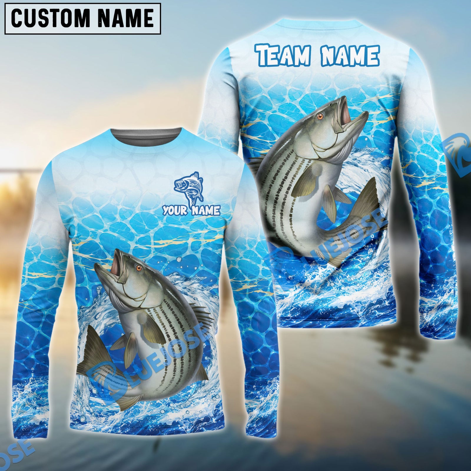 Bluejose Fishing White Blue Ocean Splash Custom Name & Team Name 3D Shirts (12 Breeds)