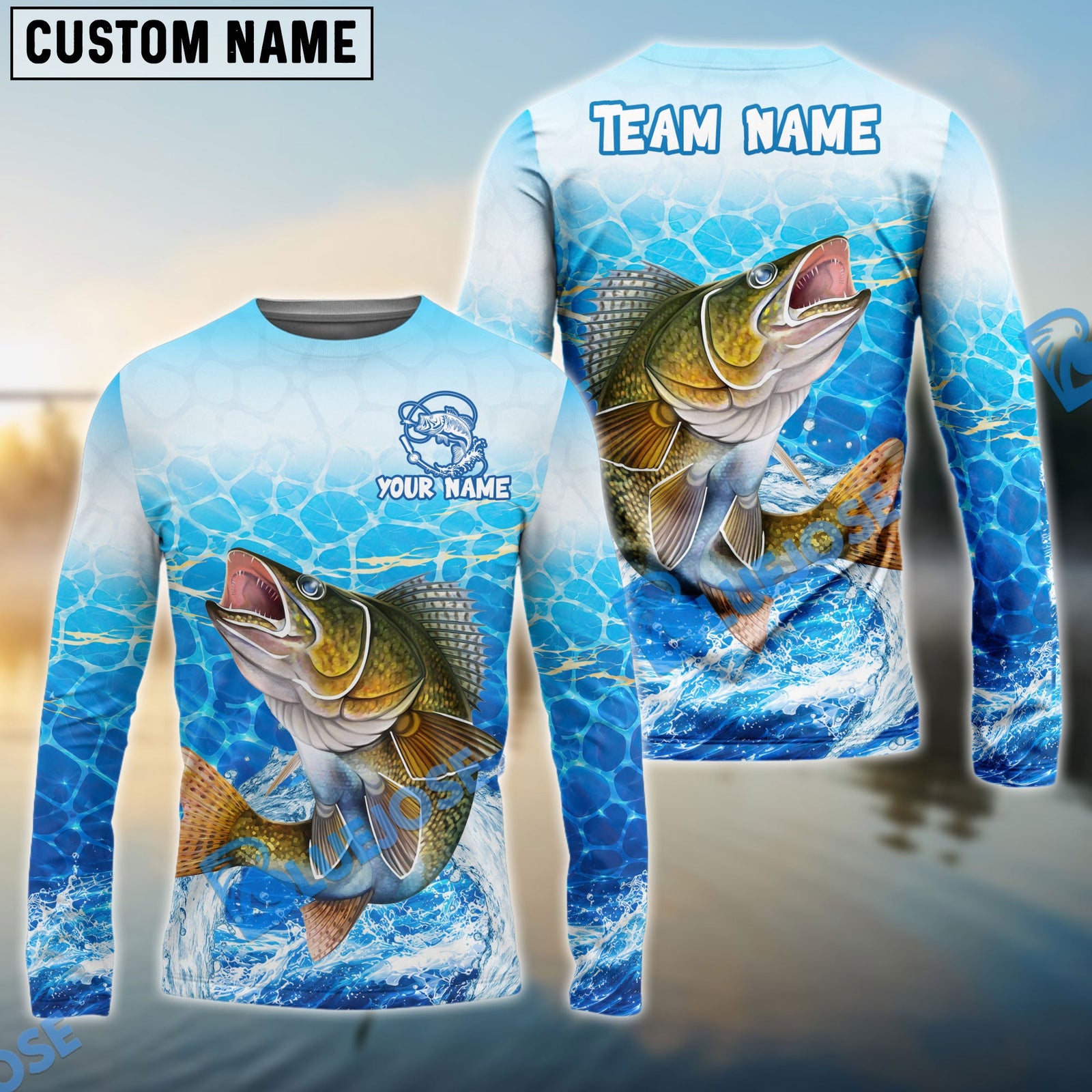 Bluejose Fishing White Blue Ocean Splash Custom Name & Team Name 3D Shirts (12 Breeds)