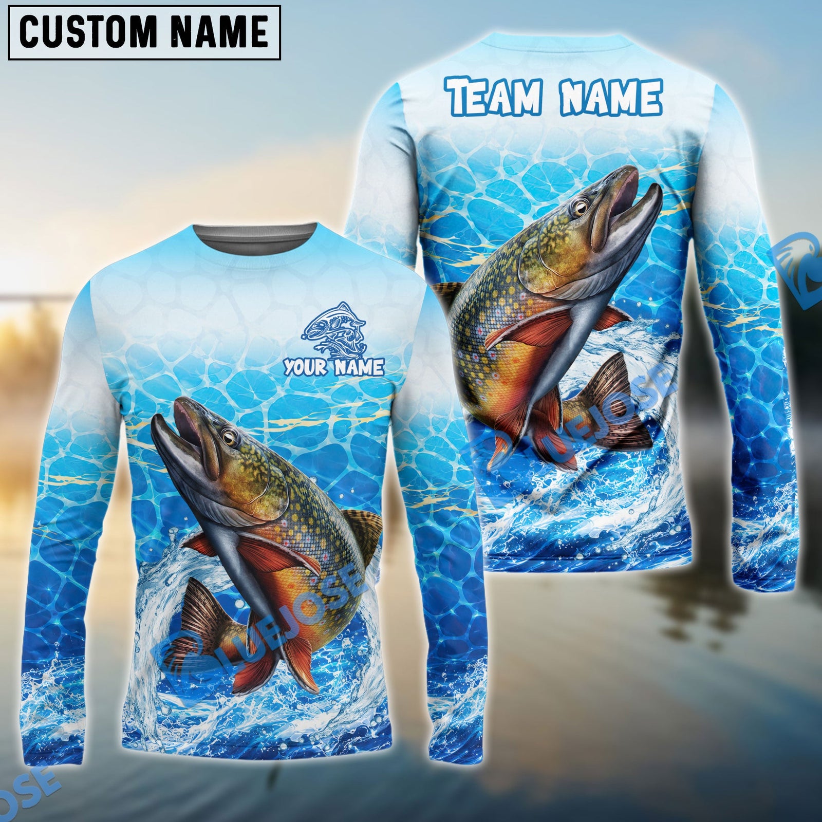 Bluejose Fishing White Blue Ocean Splash Custom Name & Team Name 3D Shirts (12 Breeds)