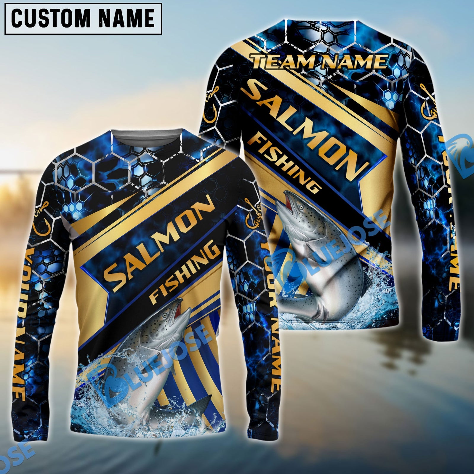 Bluejose Fishing Navy Hexagon Gold Stripe Custom Name & Team Name 3D Shirts (12 Breeds)