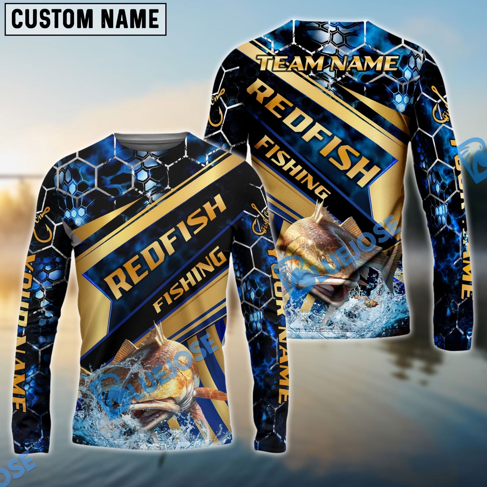 Bluejose Fishing Navy Hexagon Gold Stripe Custom Name & Team Name 3D Shirts (12 Breeds)