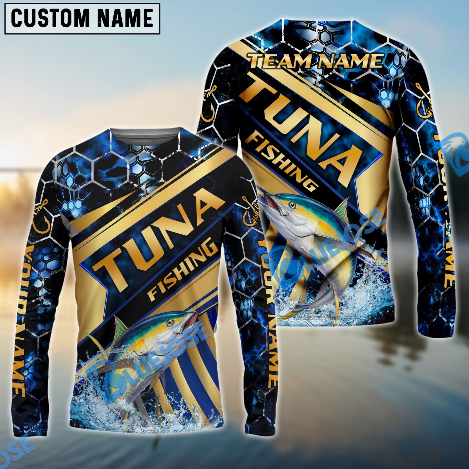 Bluejose Fishing Navy Hexagon Gold Stripe Custom Name & Team Name 3D Shirts (12 Breeds)