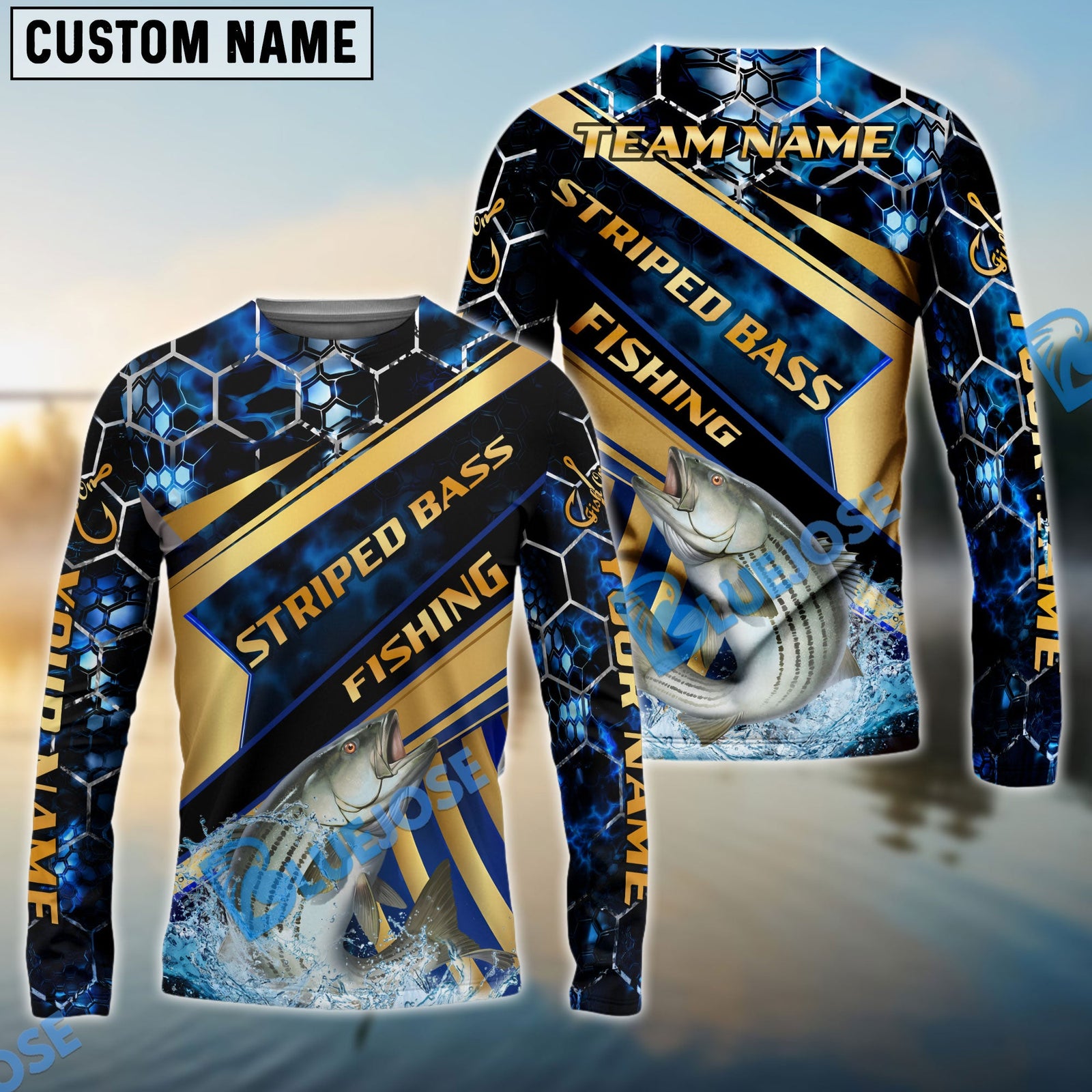Bluejose Fishing Navy Hexagon Gold Stripe Custom Name & Team Name 3D Shirts (12 Breeds)