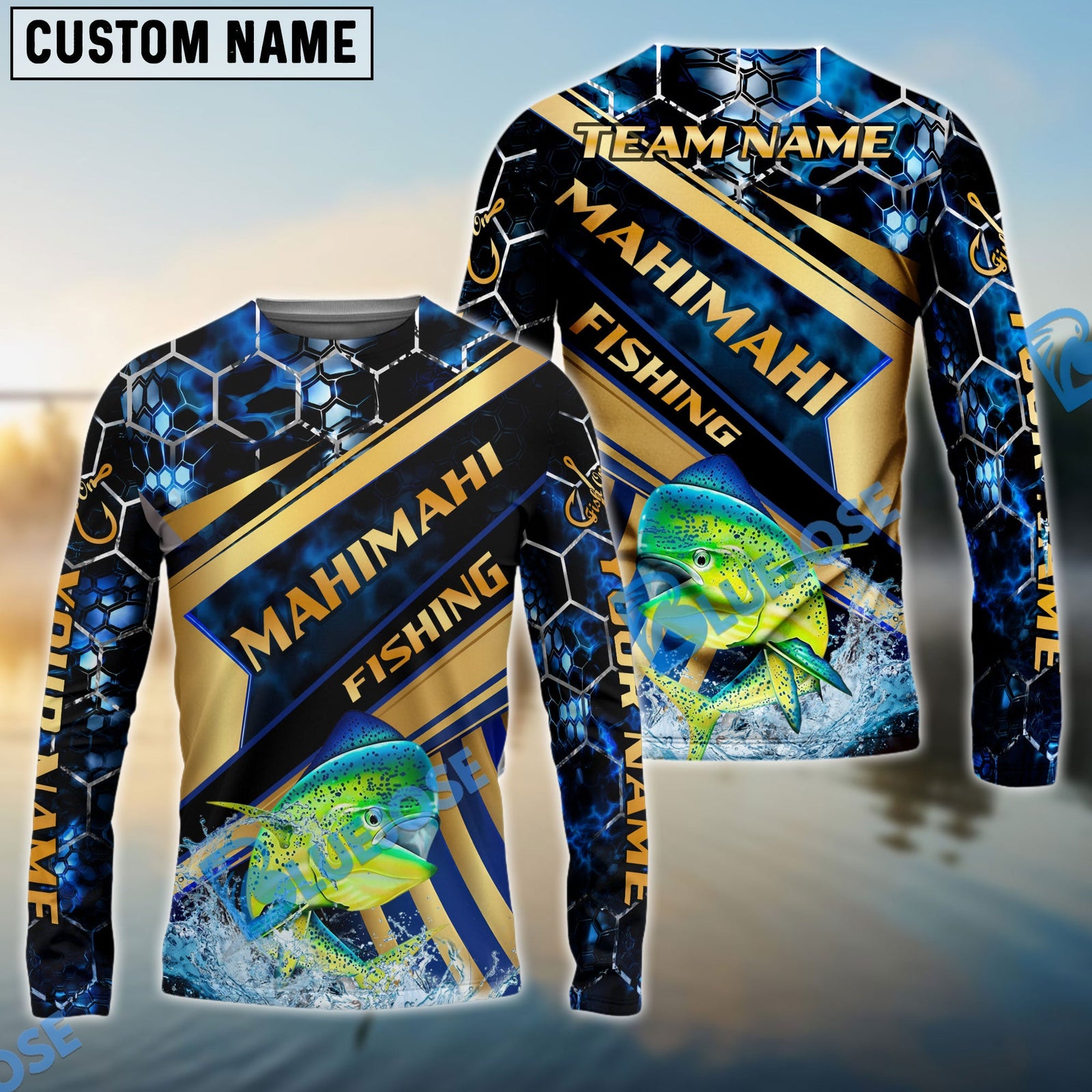 Bluejose Fishing Navy Hexagon Gold Stripe Custom Name & Team Name 3D Shirts (12 Breeds)