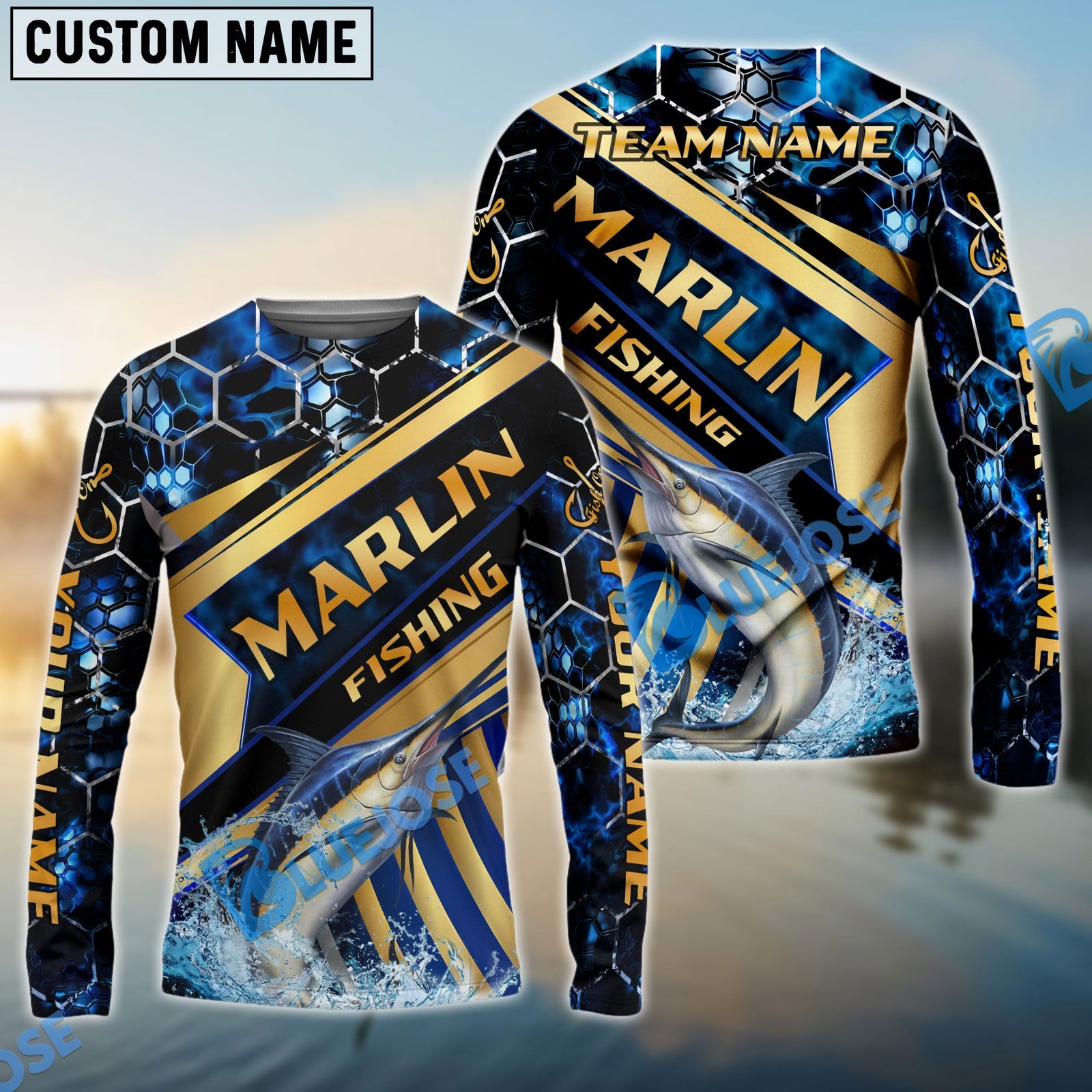 Bluejose Fishing Navy Hexagon Gold Stripe Custom Name & Team Name 3D Shirts (12 Breeds)