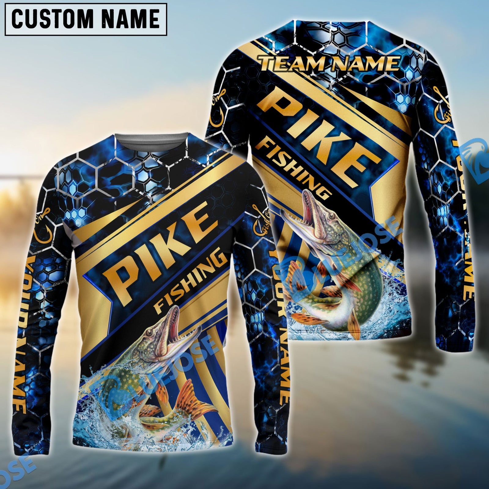 Bluejose Fishing Navy Hexagon Gold Stripe Custom Name & Team Name 3D Shirts (12 Breeds)