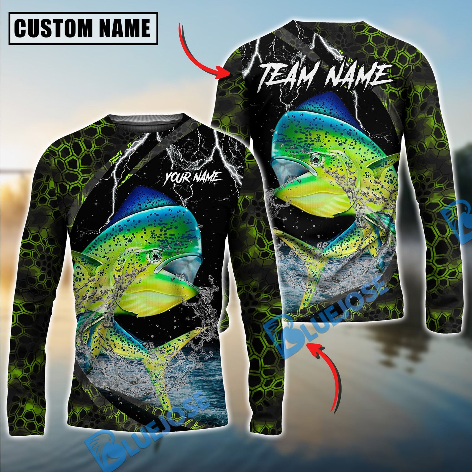 Bluejose Fishing Green Thunder Strike Custom Name & Team Name 3D Shirts (12 Breeds)