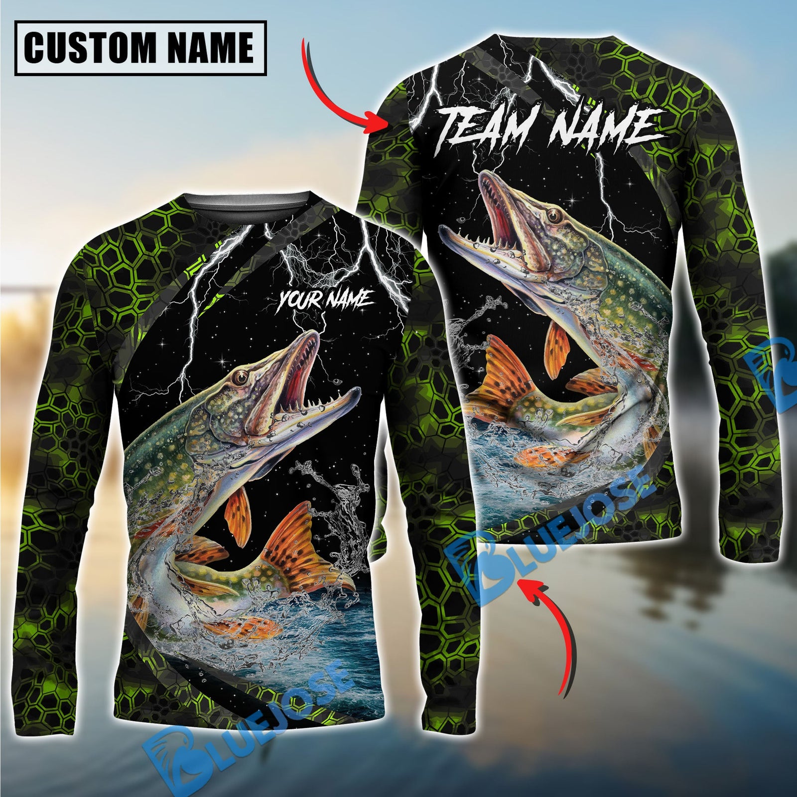 Bluejose Fishing Green Thunder Strike Custom Name & Team Name 3D Shirts (12 Breeds)