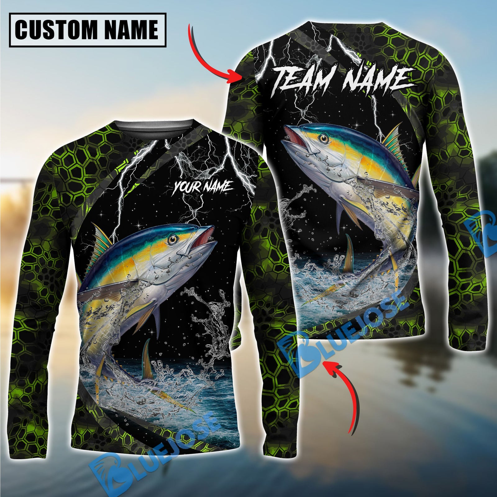Bluejose Fishing Green Thunder Strike Custom Name & Team Name 3D Shirts (12 Breeds)