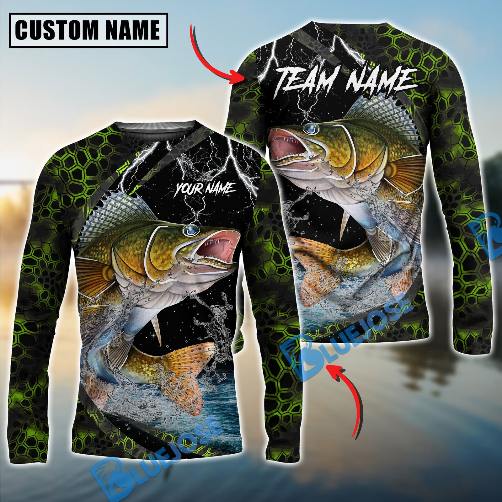 Bluejose Fishing Green Thunder Strike Custom Name & Team Name 3D Shirts (12 Breeds)