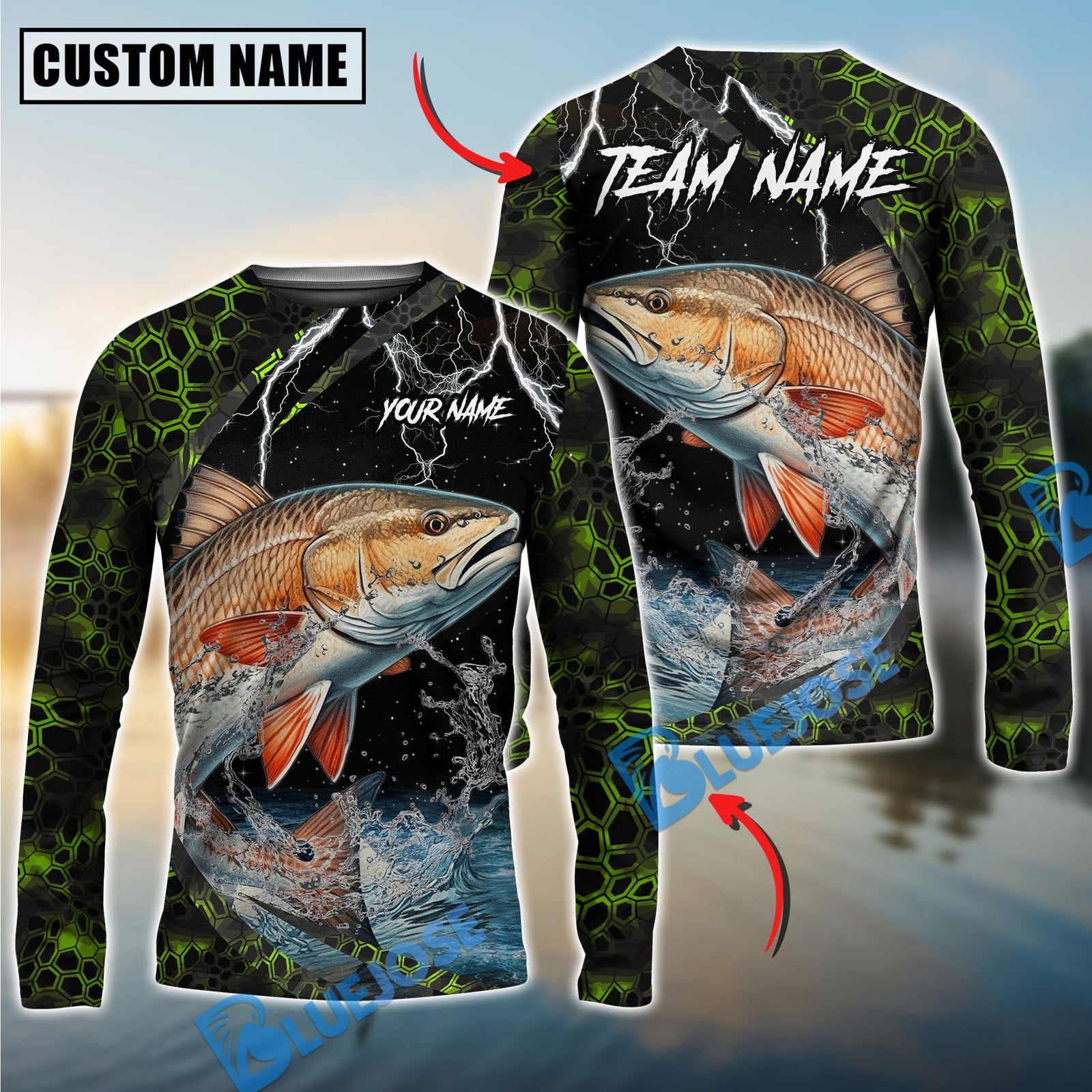 Bluejose Fishing Green Thunder Strike Custom Name & Team Name 3D Shirts (12 Breeds)