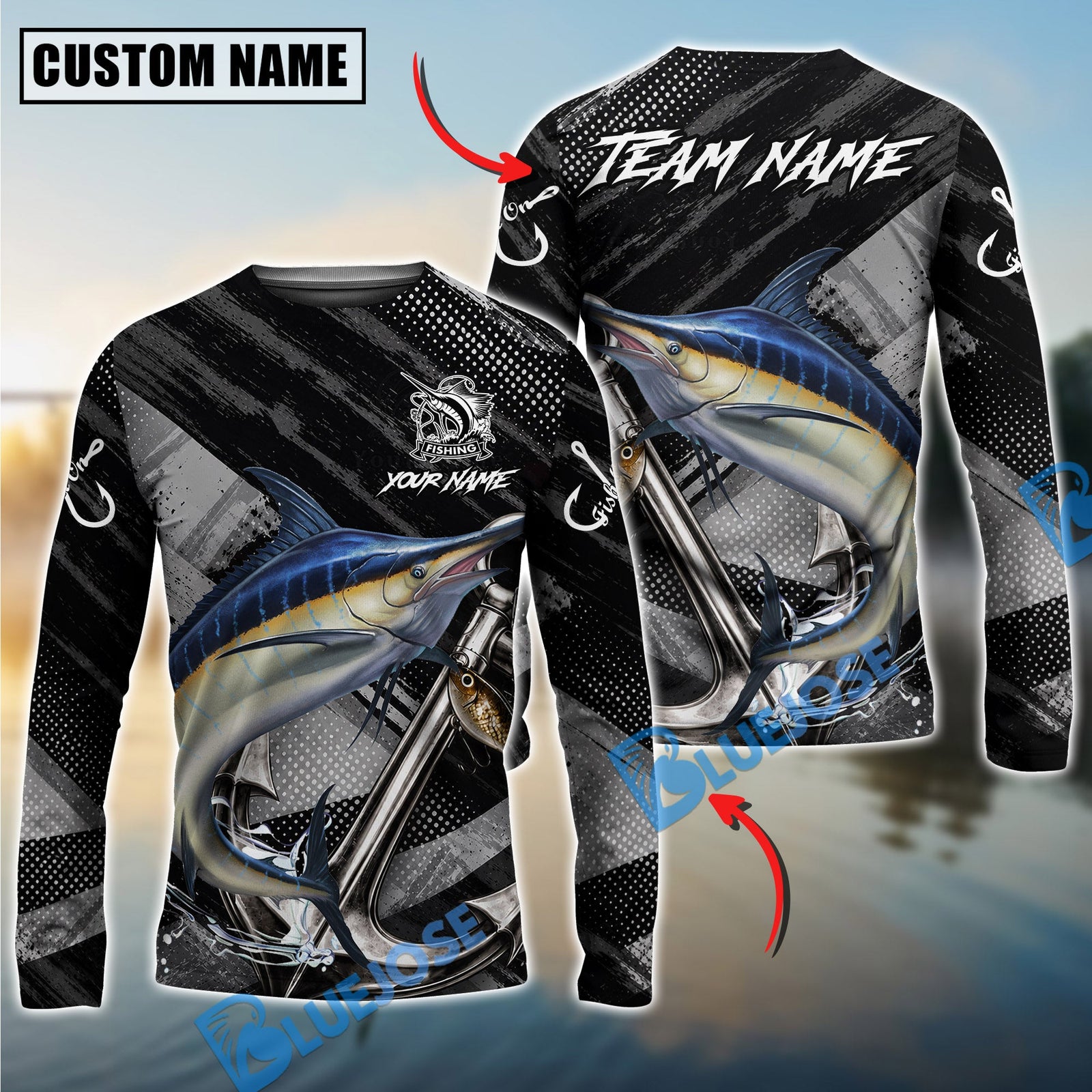Bluejose Fishing Black Gray Grunge Anchor Vintage Custom Name & Team Name 3D Shirts (12 Breeds)