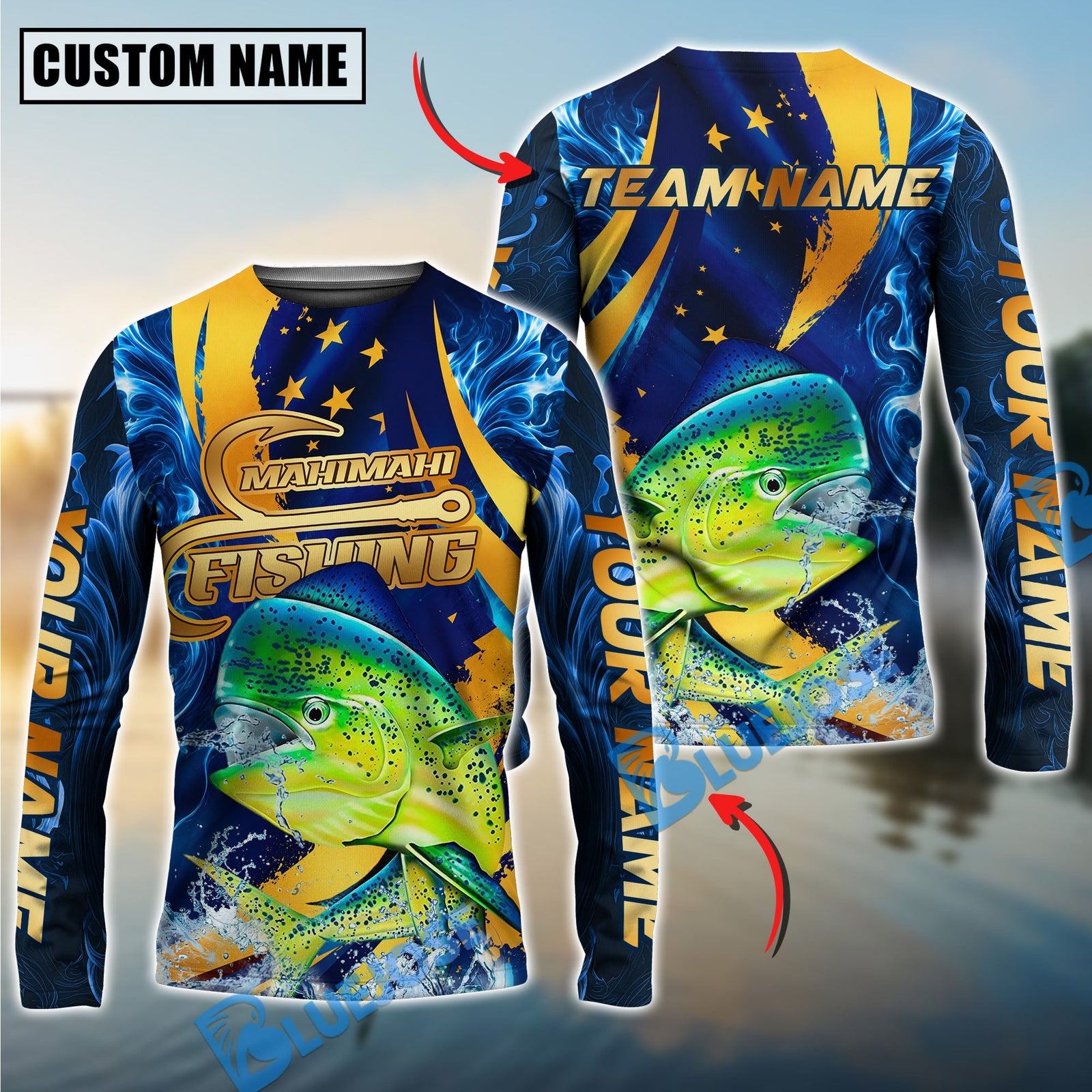 Bluejose Fishing Blue Flame Golden American Flag Custom Name & Team Name 3D Shirts (12 Breeds)