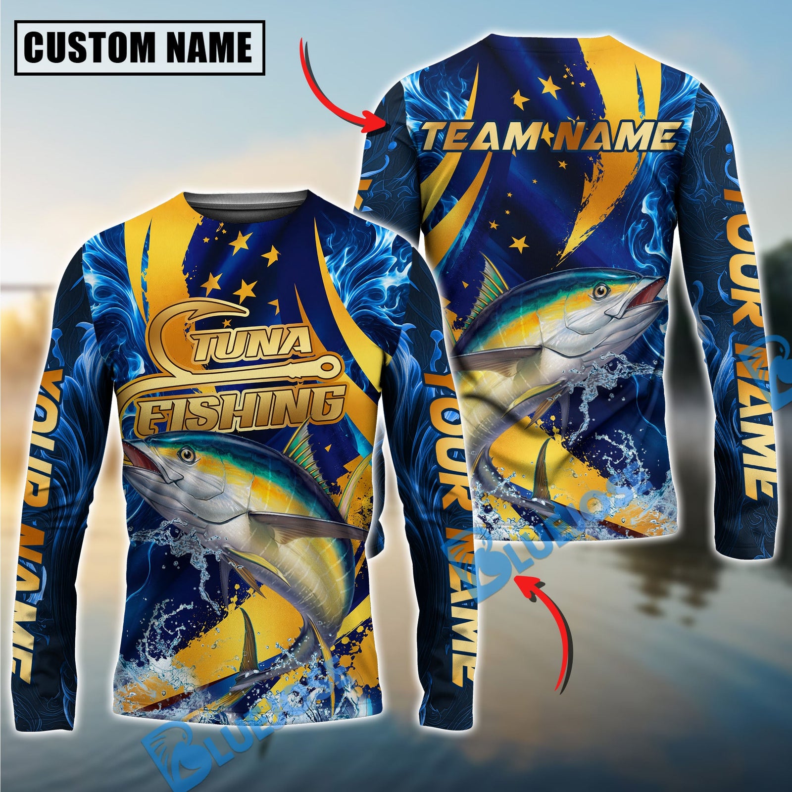 Bluejose Fishing Blue Flame Golden American Flag Custom Name & Team Name 3D Shirts (12 Breeds)