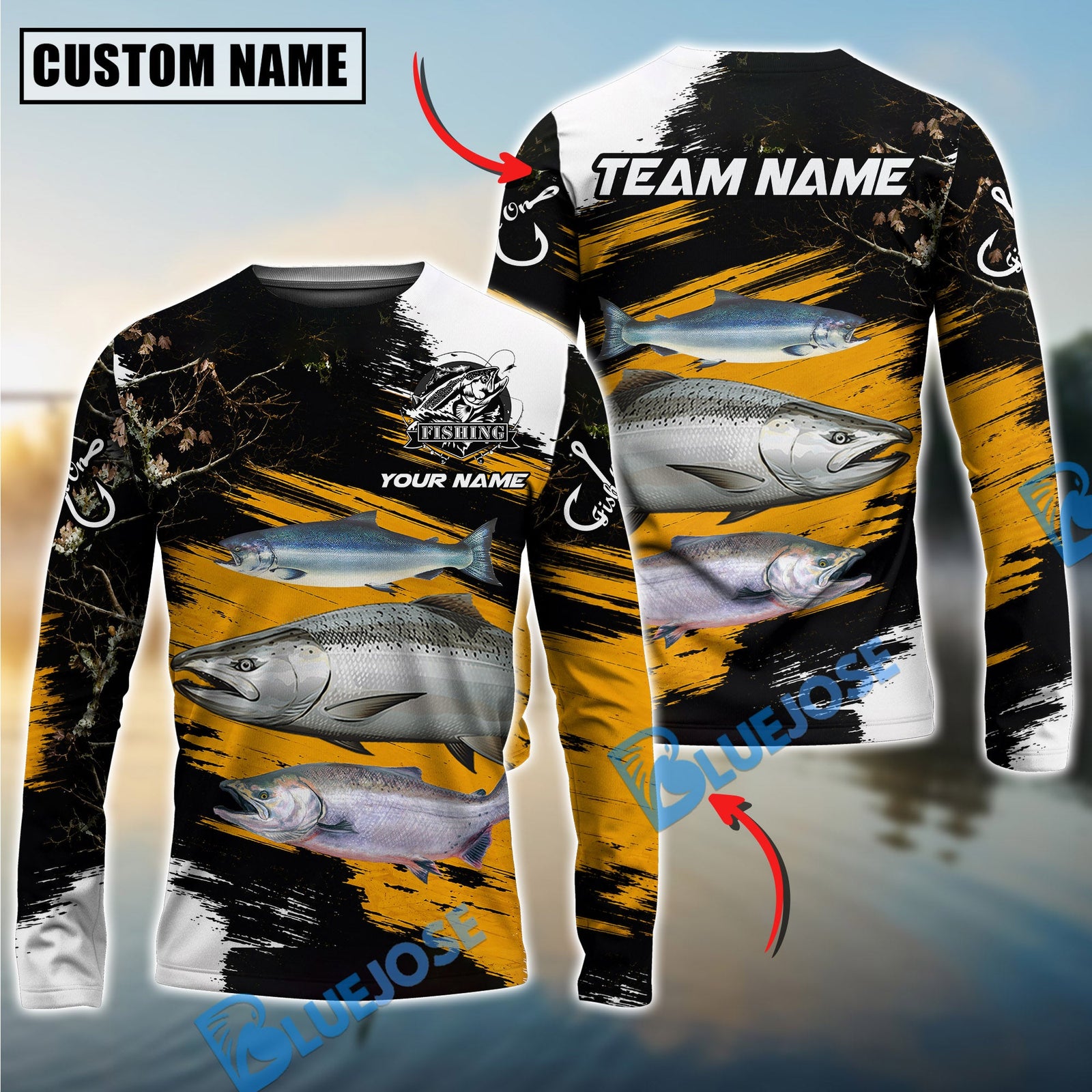 Bluejose Fishing Yellow Rustic Camouflage Custom Name & Team Name 3D Shirts (12 Breeds)