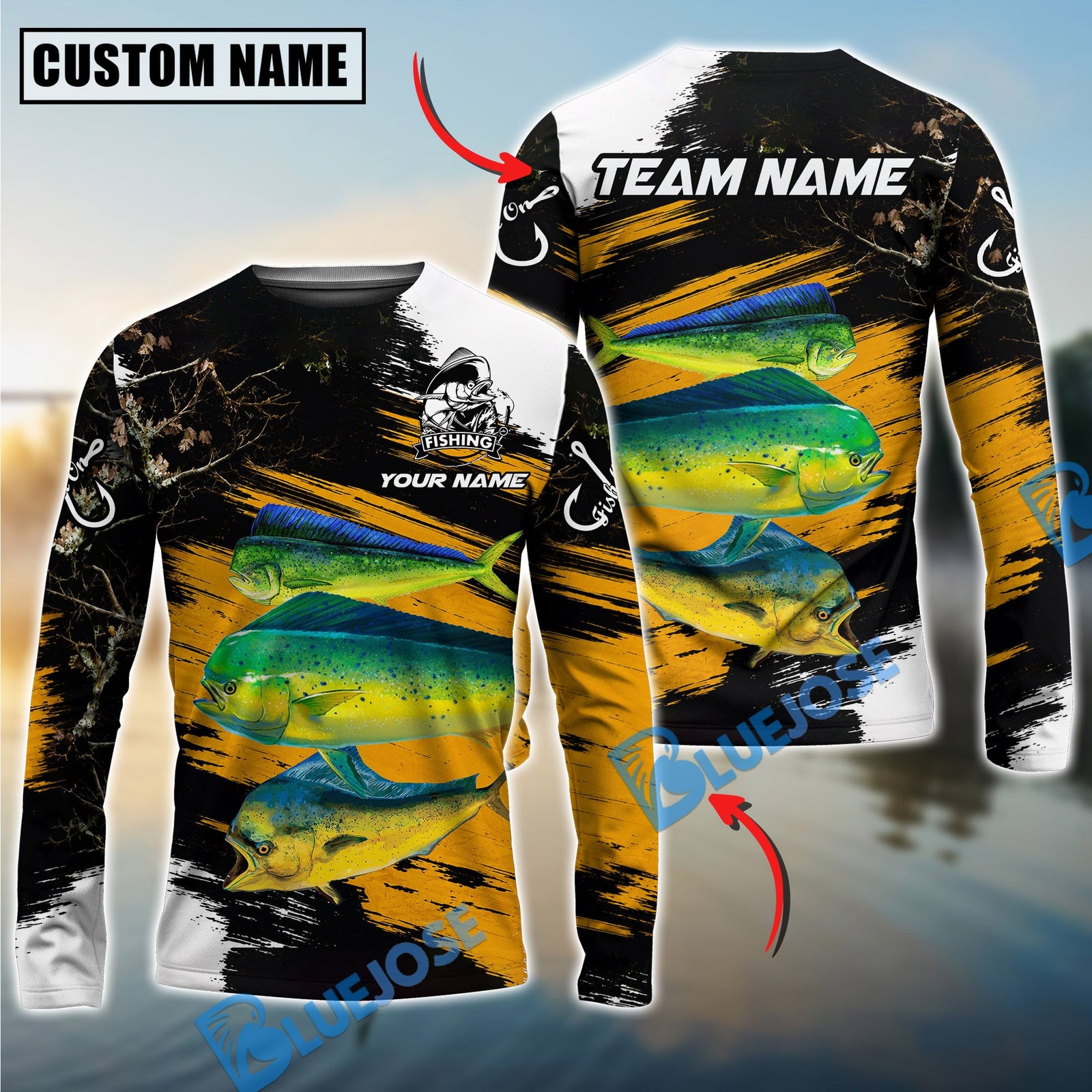 Bluejose Fishing Yellow Rustic Camouflage Custom Name & Team Name 3D Shirts (12 Breeds)