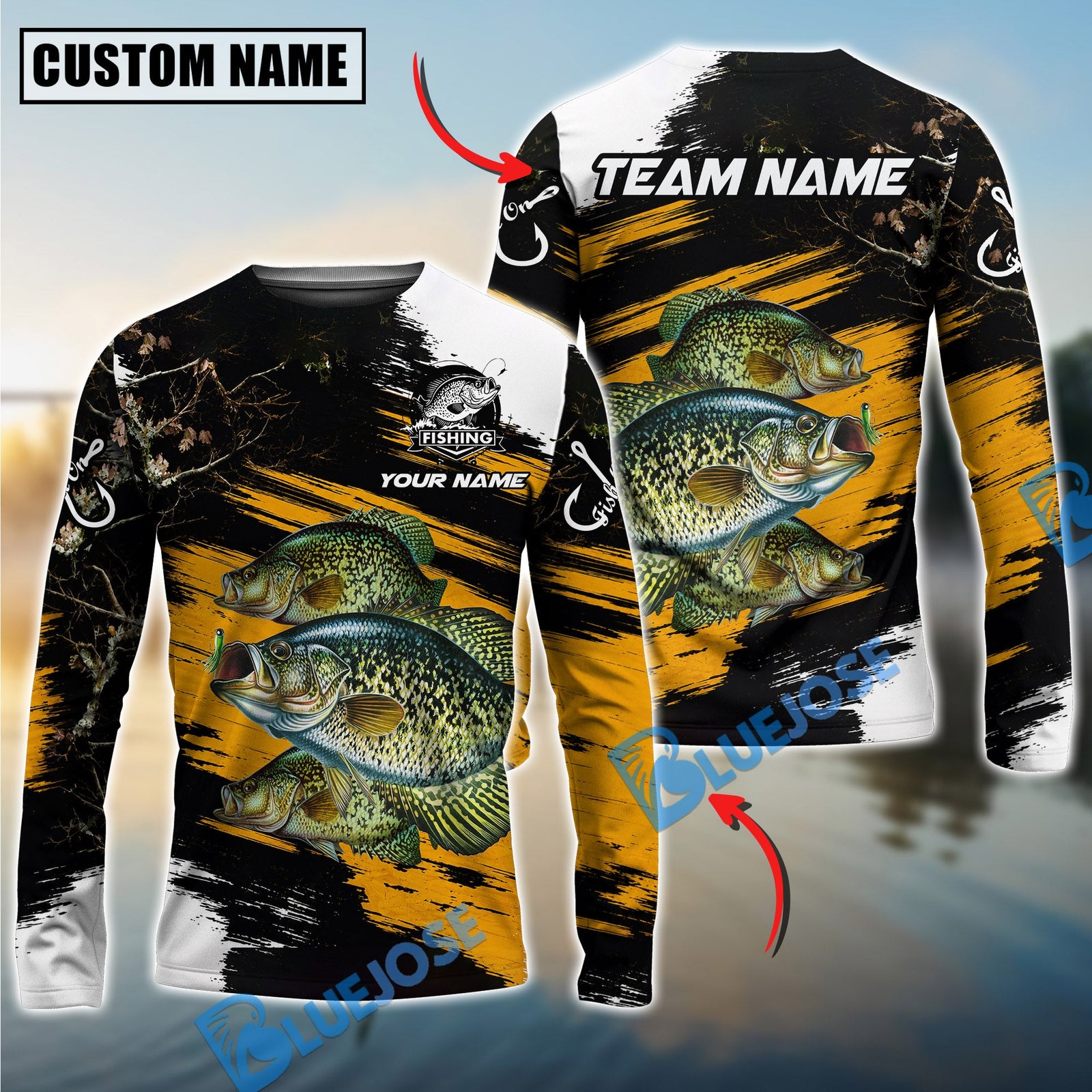 Bluejose Fishing Yellow Rustic Camouflage Custom Name & Team Name 3D Shirts (12 Breeds)