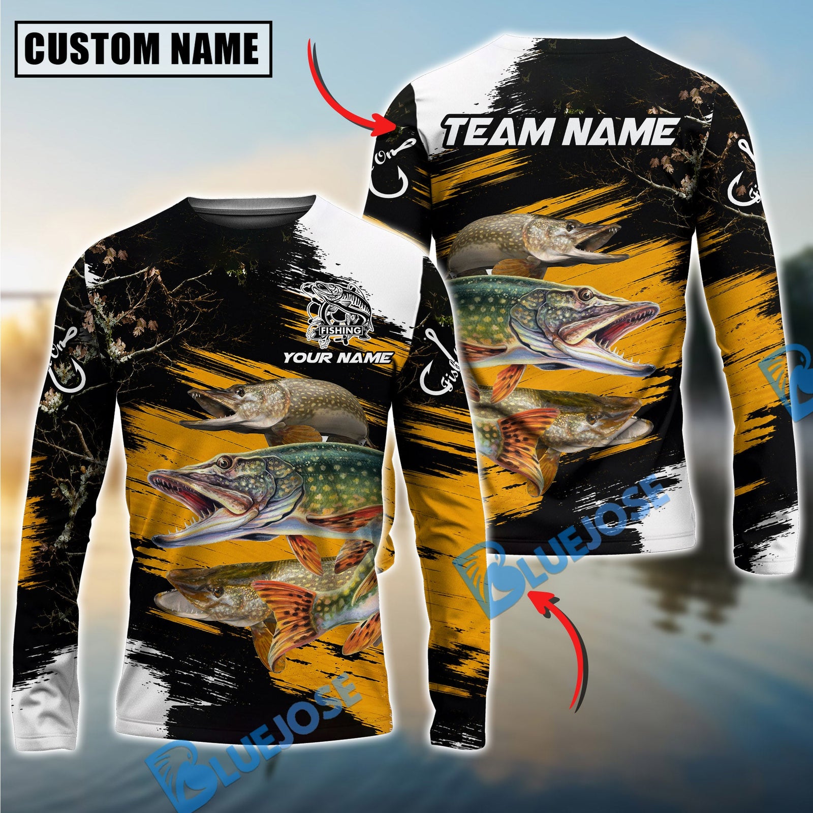 Bluejose Fishing Yellow Rustic Camouflage Custom Name & Team Name 3D Shirts (12 Breeds)