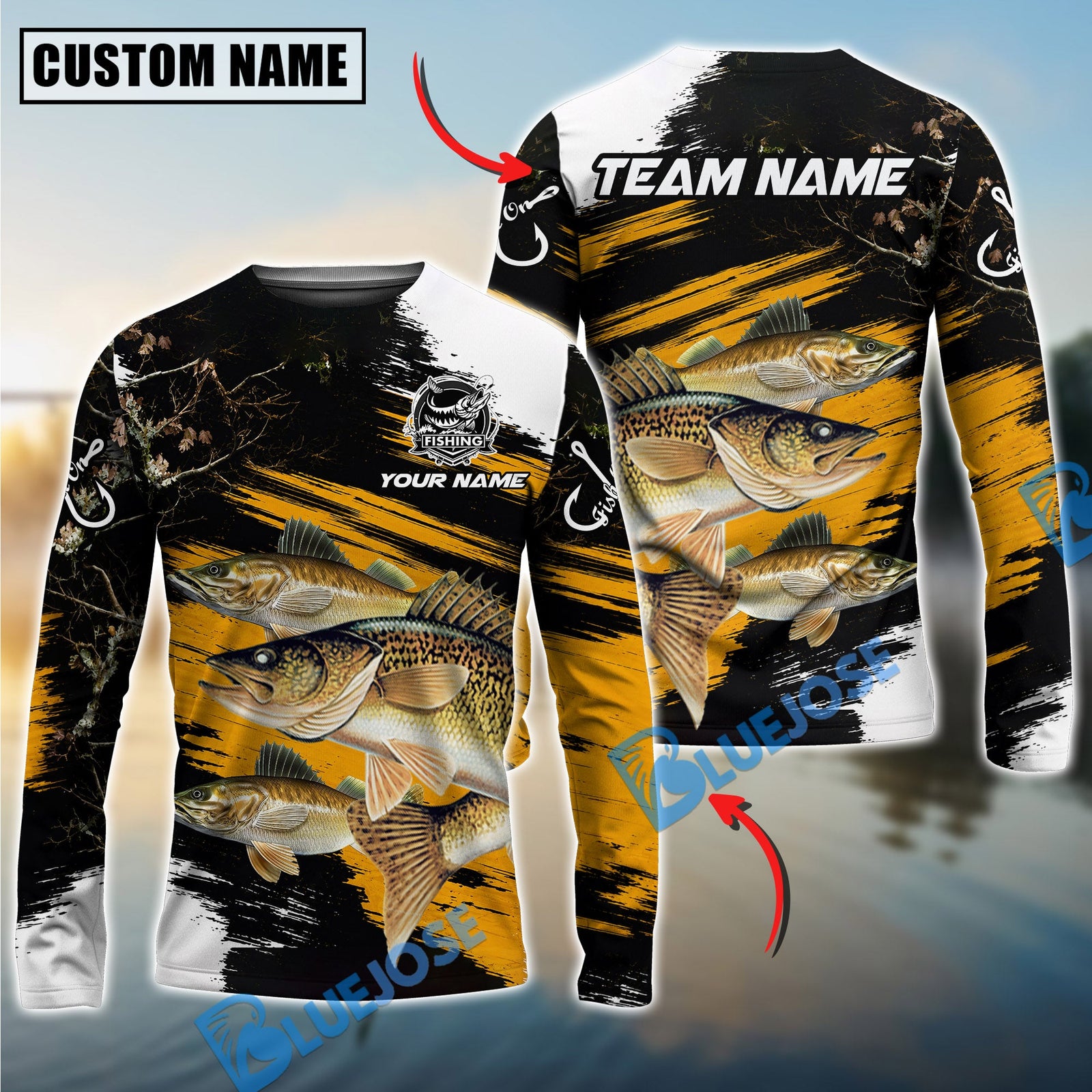 Bluejose Fishing Yellow Rustic Camouflage Custom Name & Team Name 3D Shirts (12 Breeds)