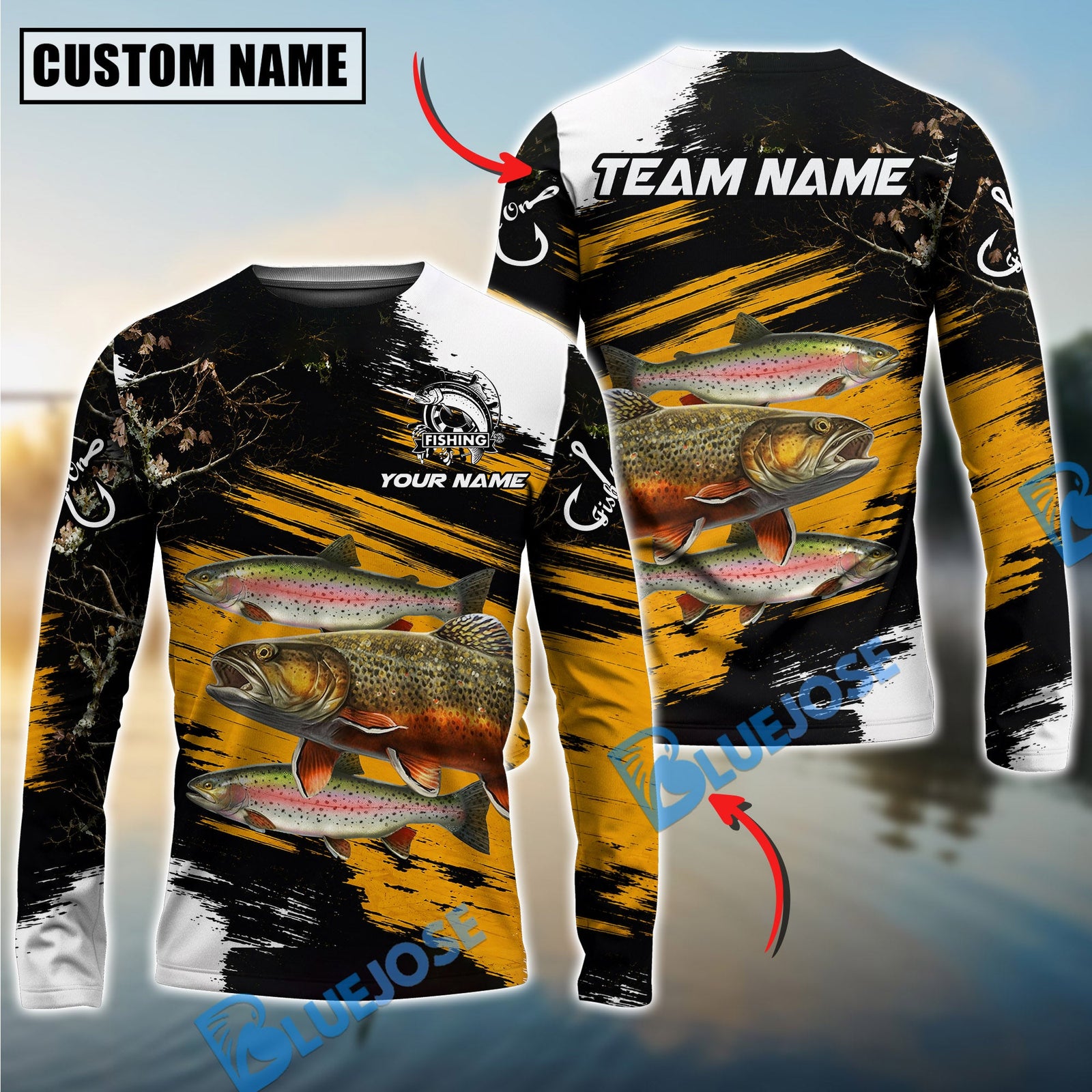 Bluejose Fishing Yellow Rustic Camouflage Custom Name & Team Name 3D Shirts (12 Breeds)