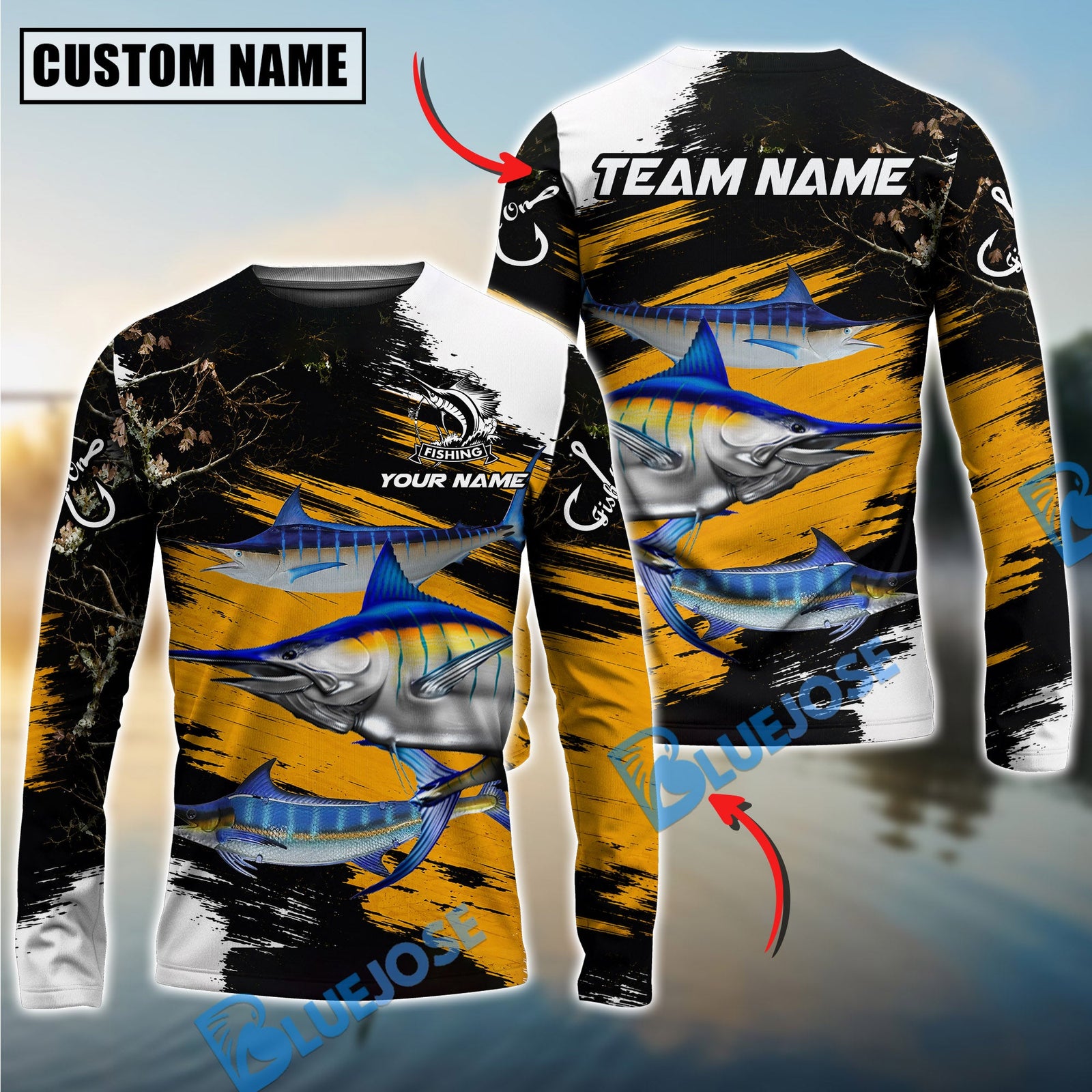 Bluejose Fishing Yellow Rustic Camouflage Custom Name & Team Name 3D Shirts (12 Breeds)