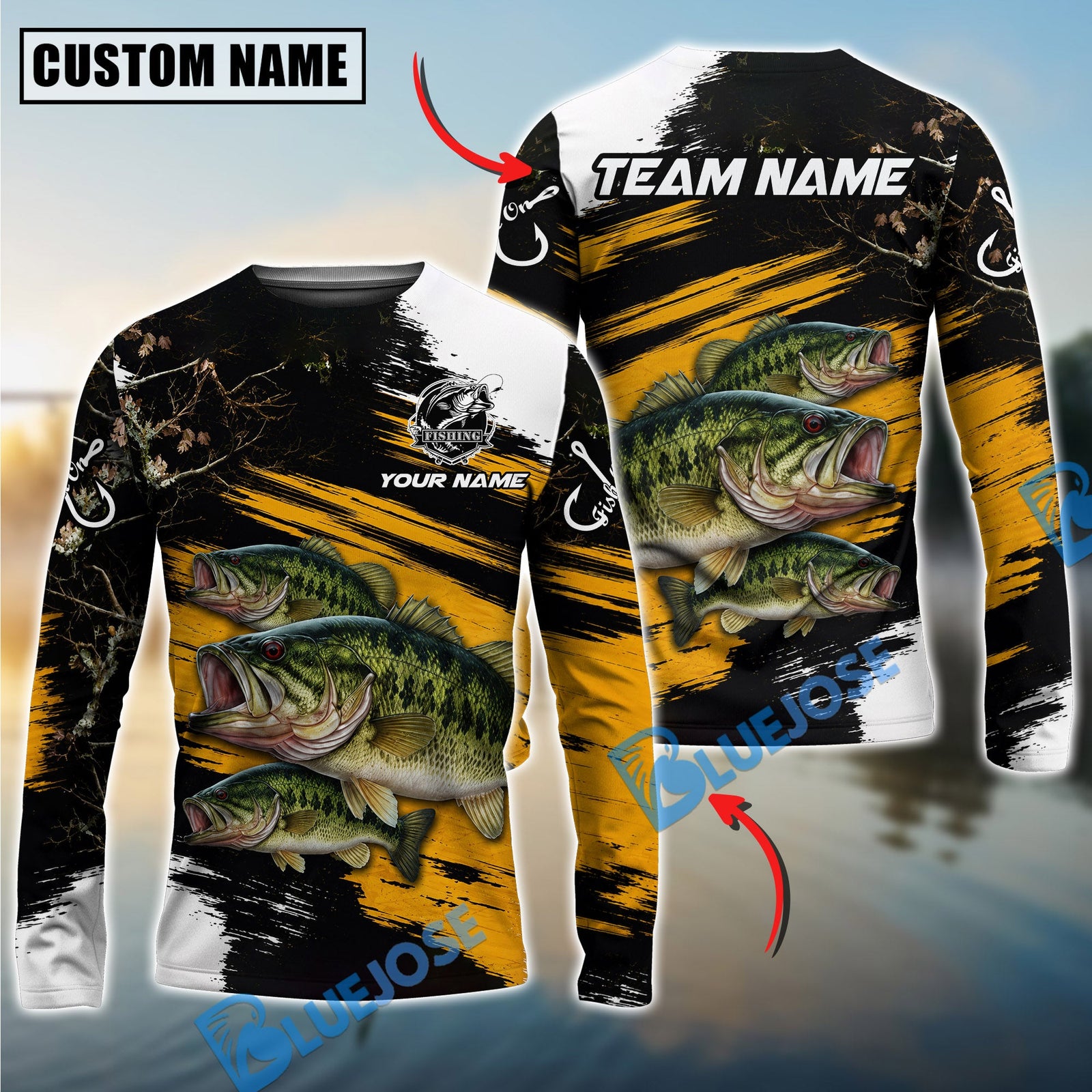 Bluejose Fishing Yellow Rustic Camouflage Custom Name & Team Name 3D Shirts (12 Breeds)