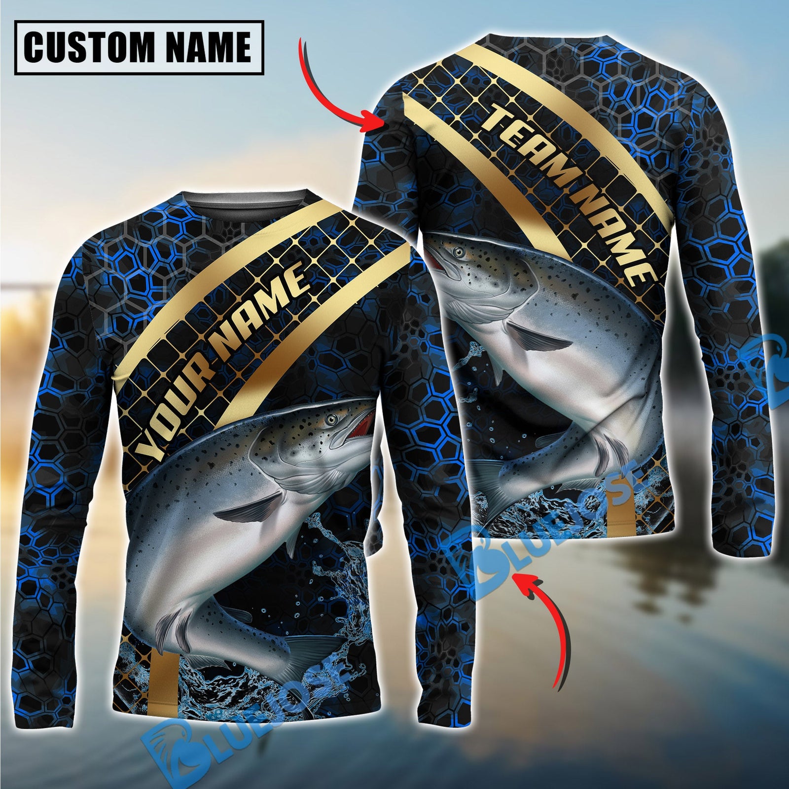 Bluejose Fishing Blue Gold Honeycomb Water Custom Name & Team Name 3D Shirts (12 Breeds)
