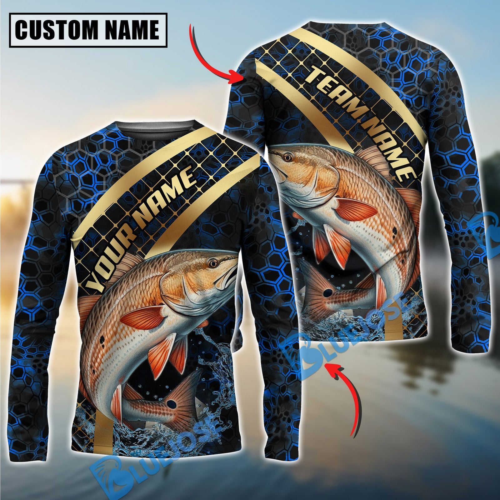 Bluejose Fishing Blue Gold Honeycomb Water Custom Name & Team Name 3D Shirts (12 Breeds)