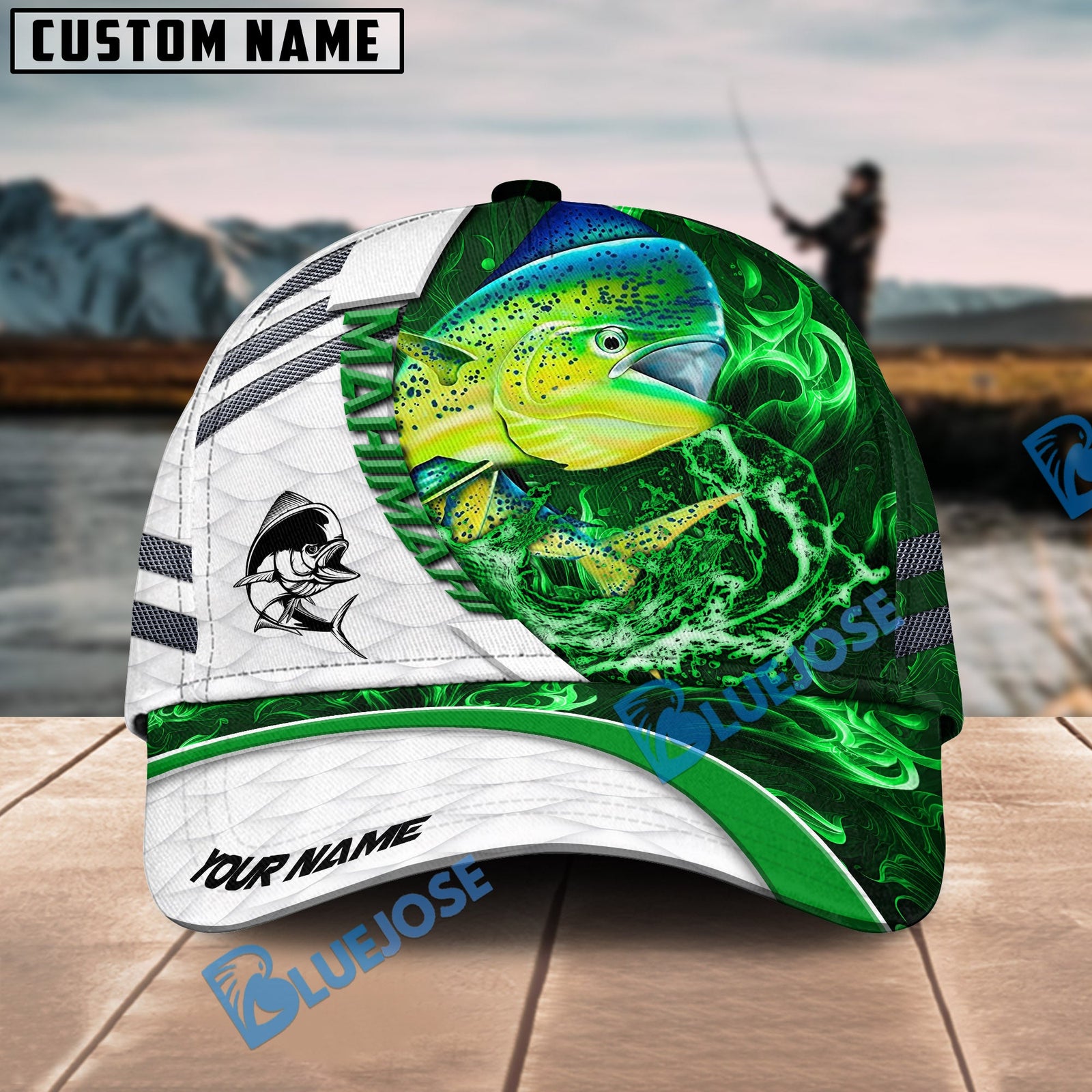 BlueJose Fishing White Green Lava Sport Personalized Name Classic 3D Cap Personalized Cap (13 Breeds)