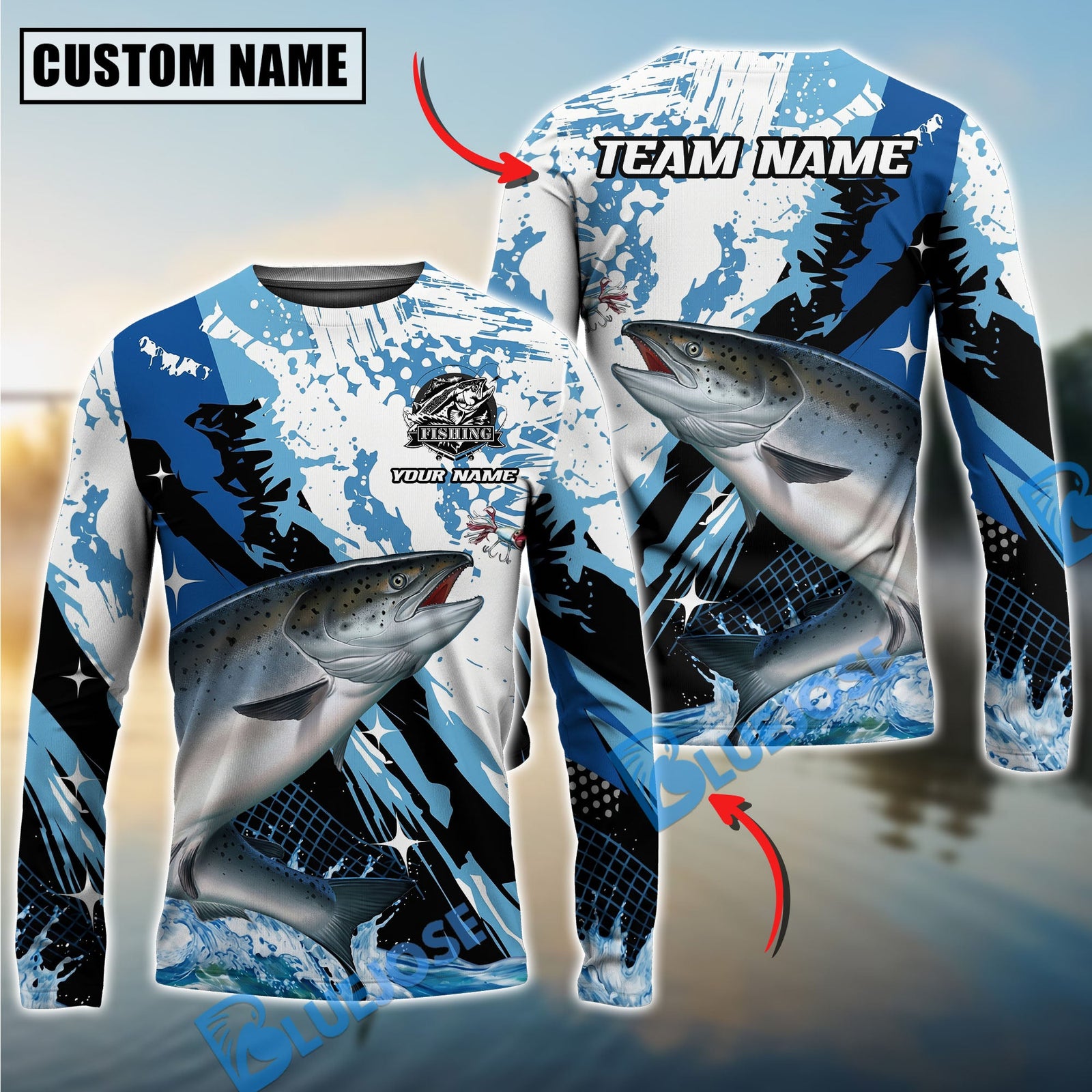 Bluejose Fishing Blue Slash Graphic Design Custom Name & Team Name 3D Shirts (12 Breeds)