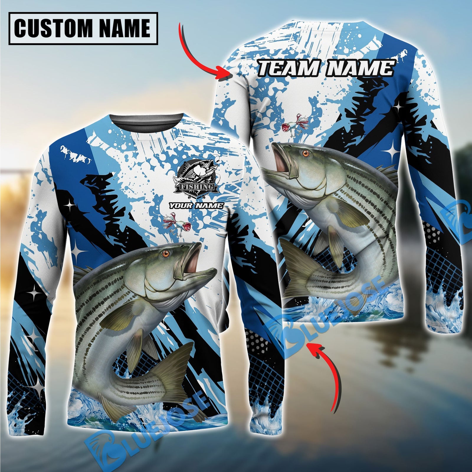 Bluejose Fishing Blue Slash Graphic Design Custom Name & Team Name 3D Shirts (12 Breeds)