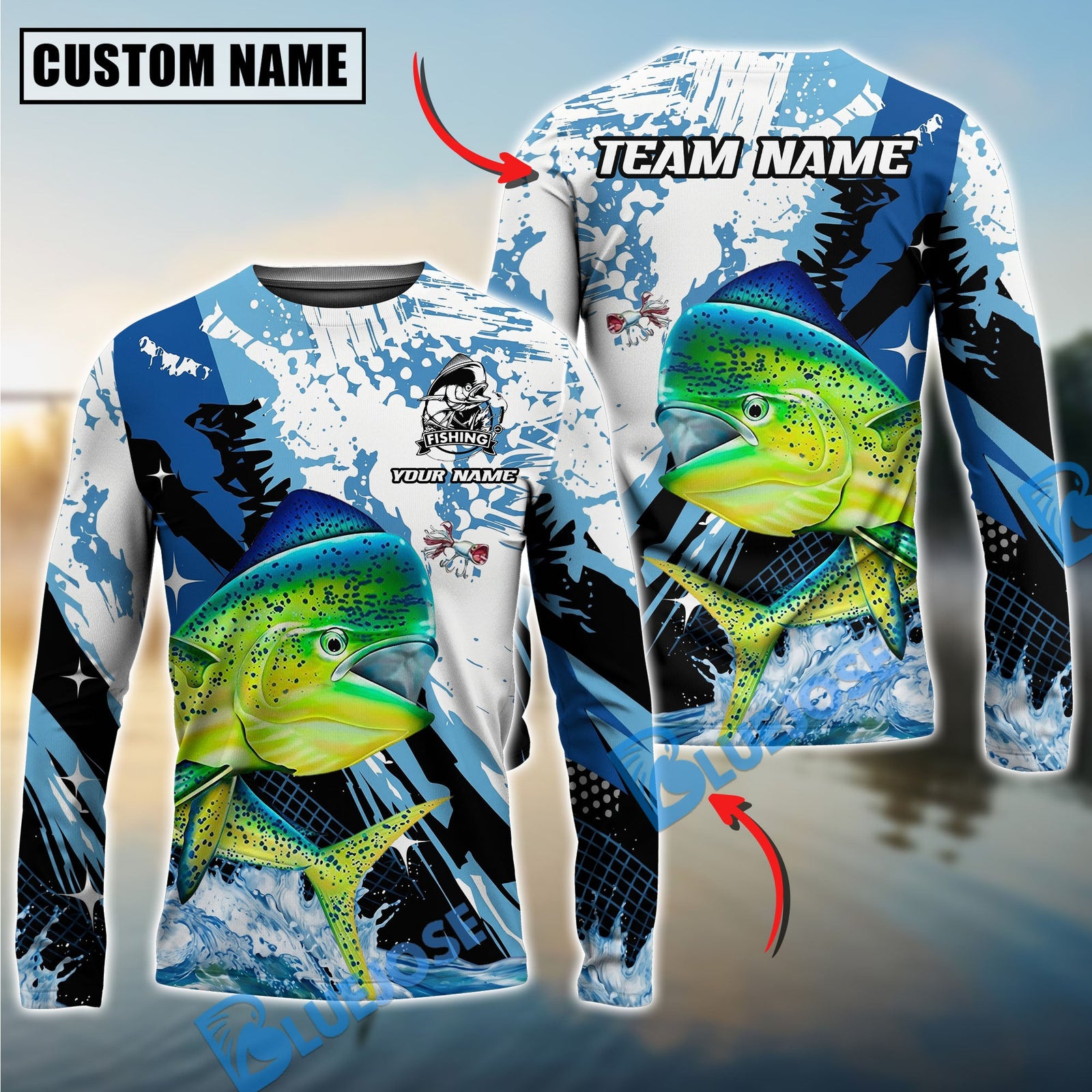 Bluejose Fishing Blue Slash Graphic Design Custom Name & Team Name 3D Shirts (12 Breeds)