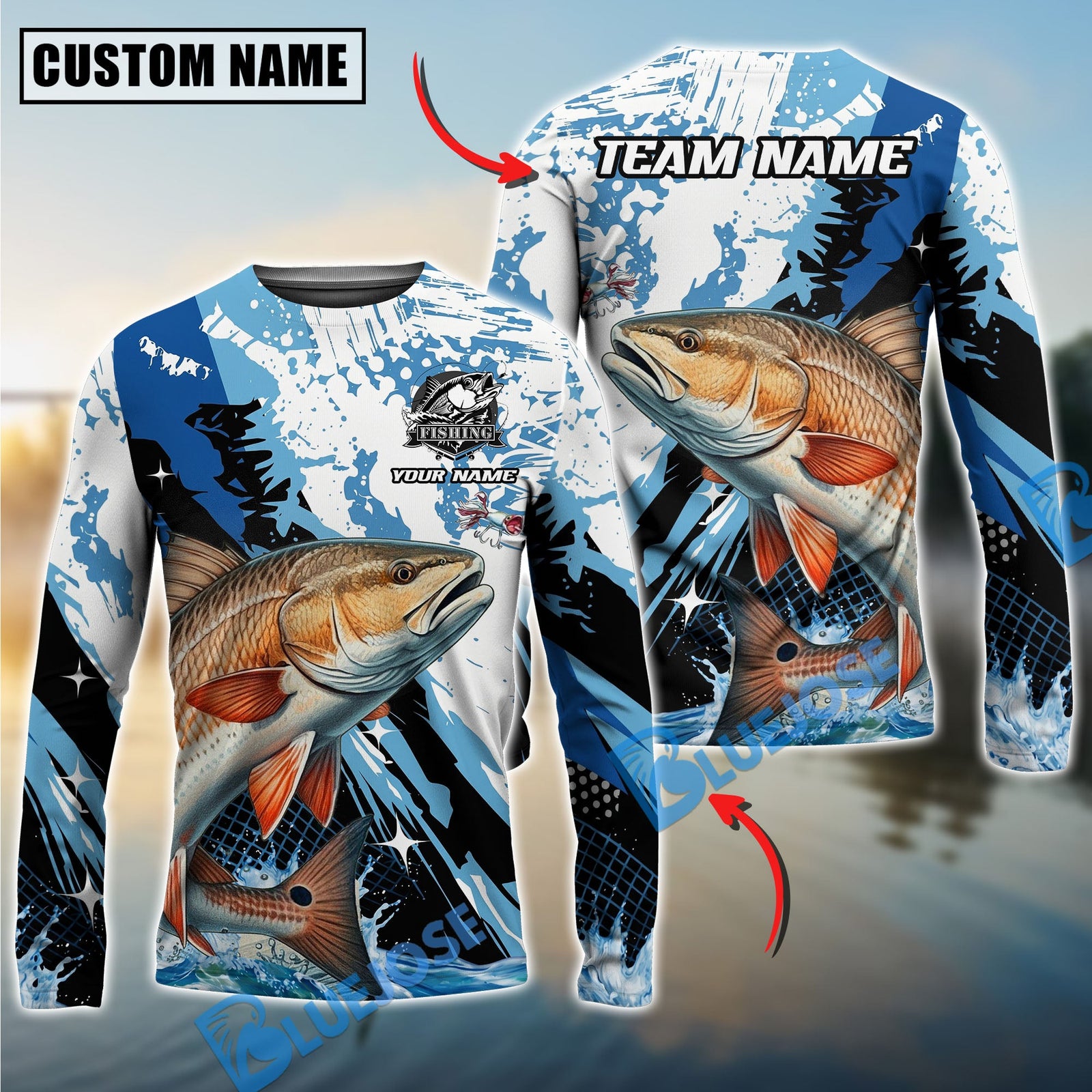 Bluejose Fishing Blue Slash Graphic Design Custom Name & Team Name 3D Shirts (12 Breeds)