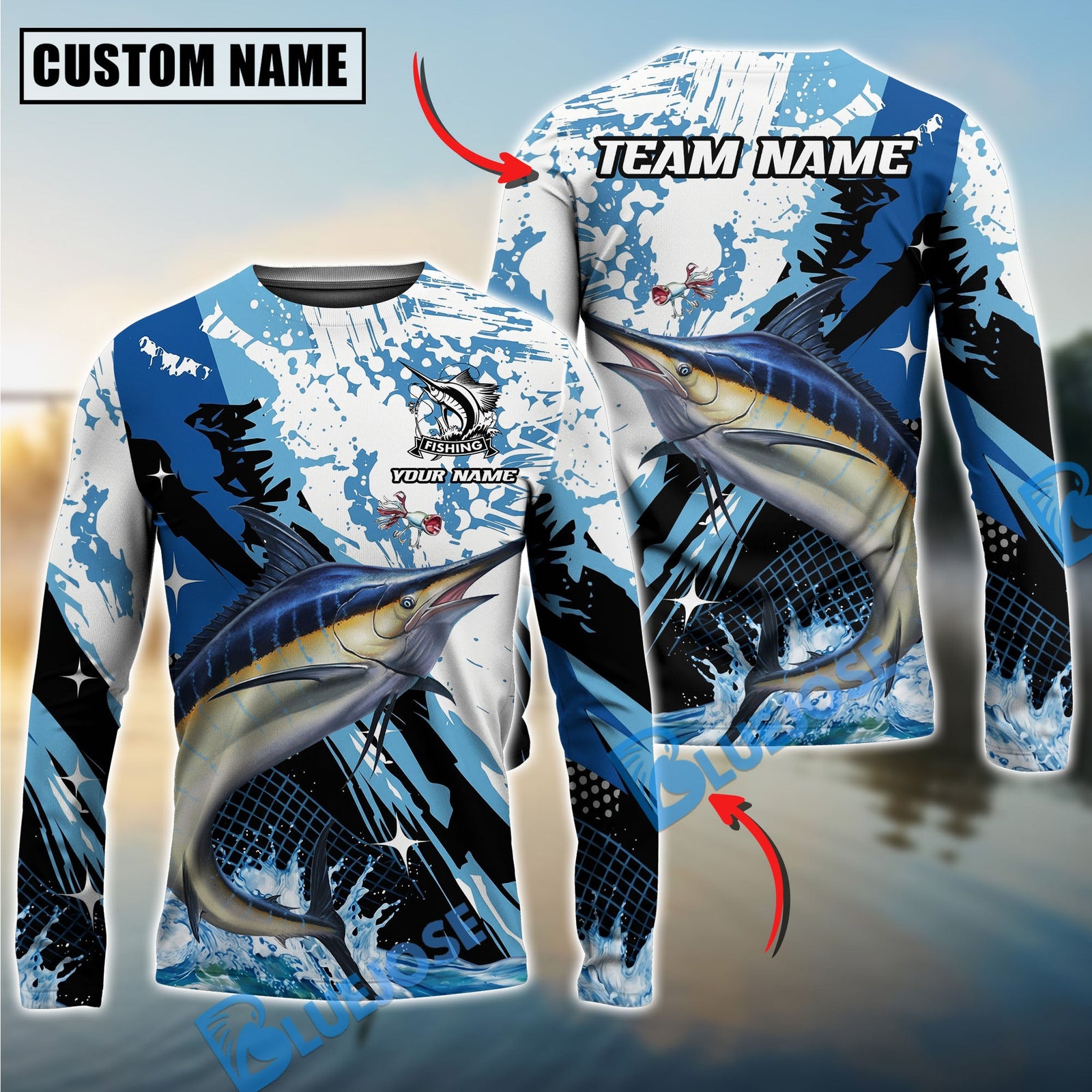 Bluejose Fishing Blue Slash Graphic Design Custom Name & Team Name 3D Shirts (12 Breeds)