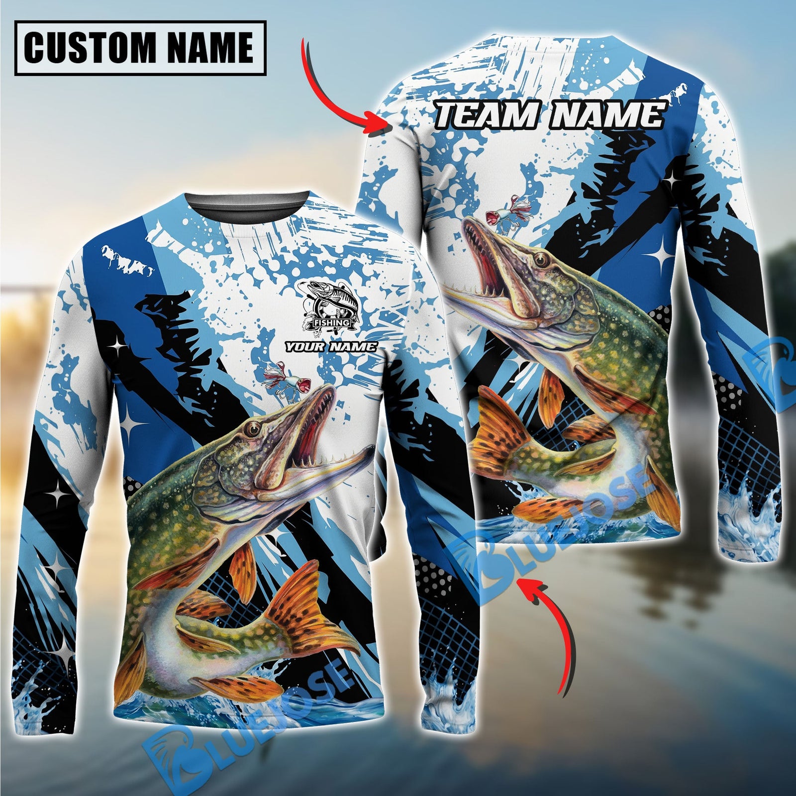 Bluejose Fishing Blue Slash Graphic Design Custom Name & Team Name 3D Shirts (12 Breeds)