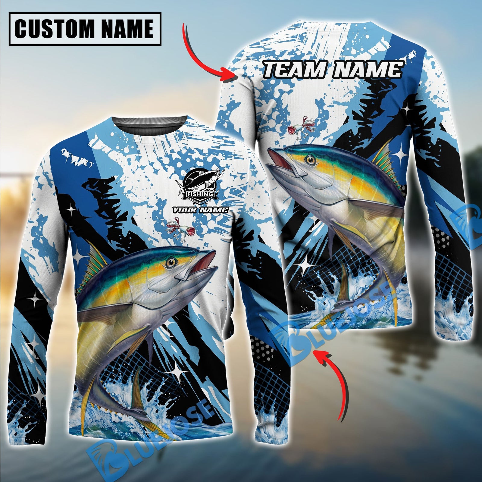 Bluejose Fishing Blue Slash Graphic Design Custom Name & Team Name 3D Shirts (12 Breeds)