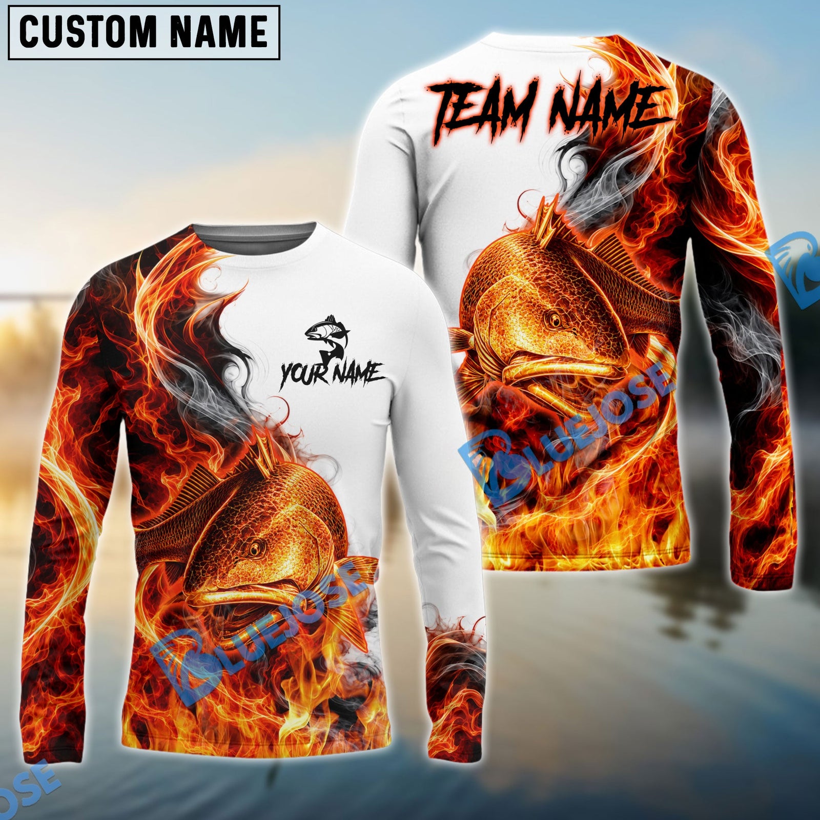 Bluejose Fishing Red Fire Flame Smoke Design Custom Name & Team Name 3D Shirts (12 Breeds)