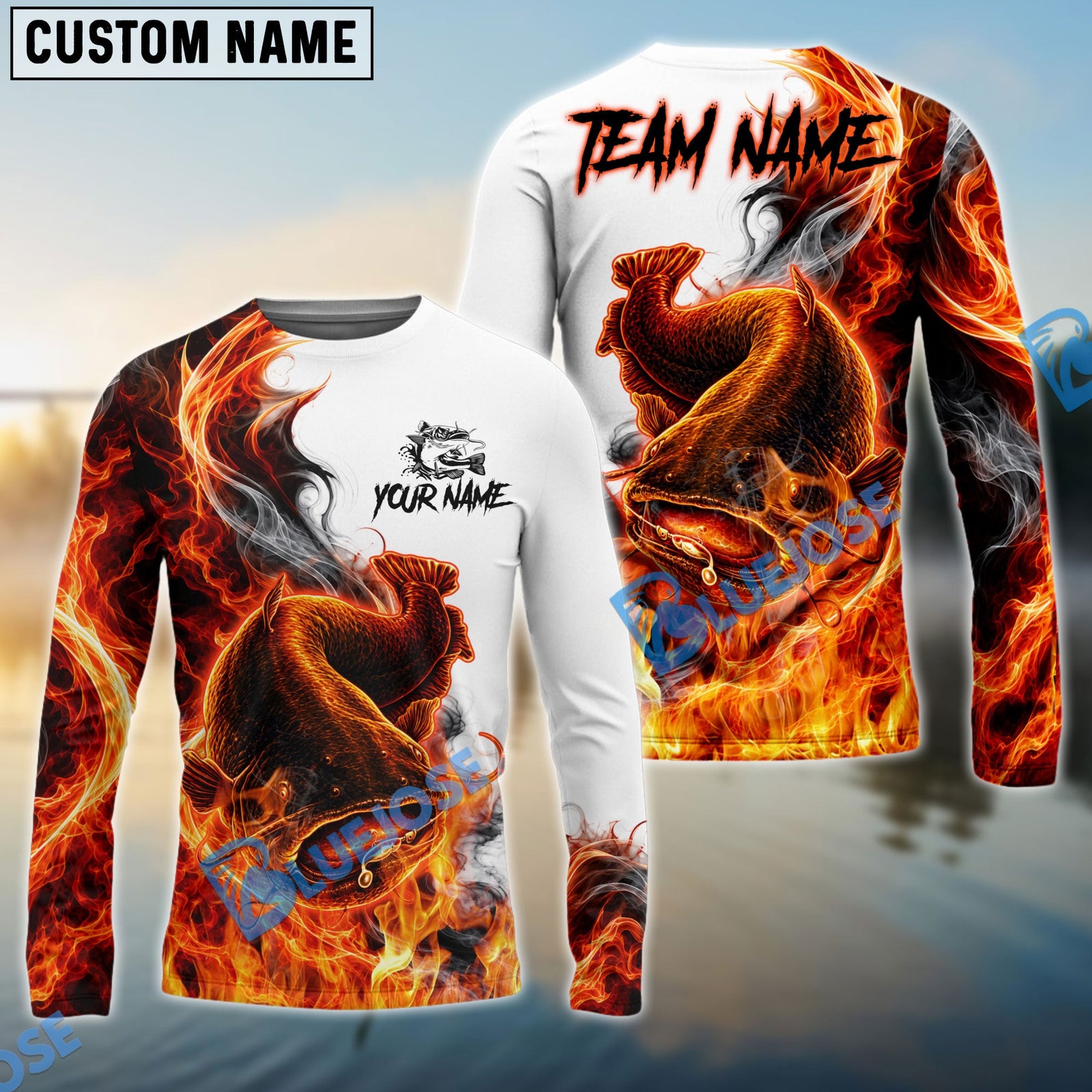 Bluejose Fishing Red Fire Flame Smoke Design Custom Name & Team Name 3D Shirts (12 Breeds)